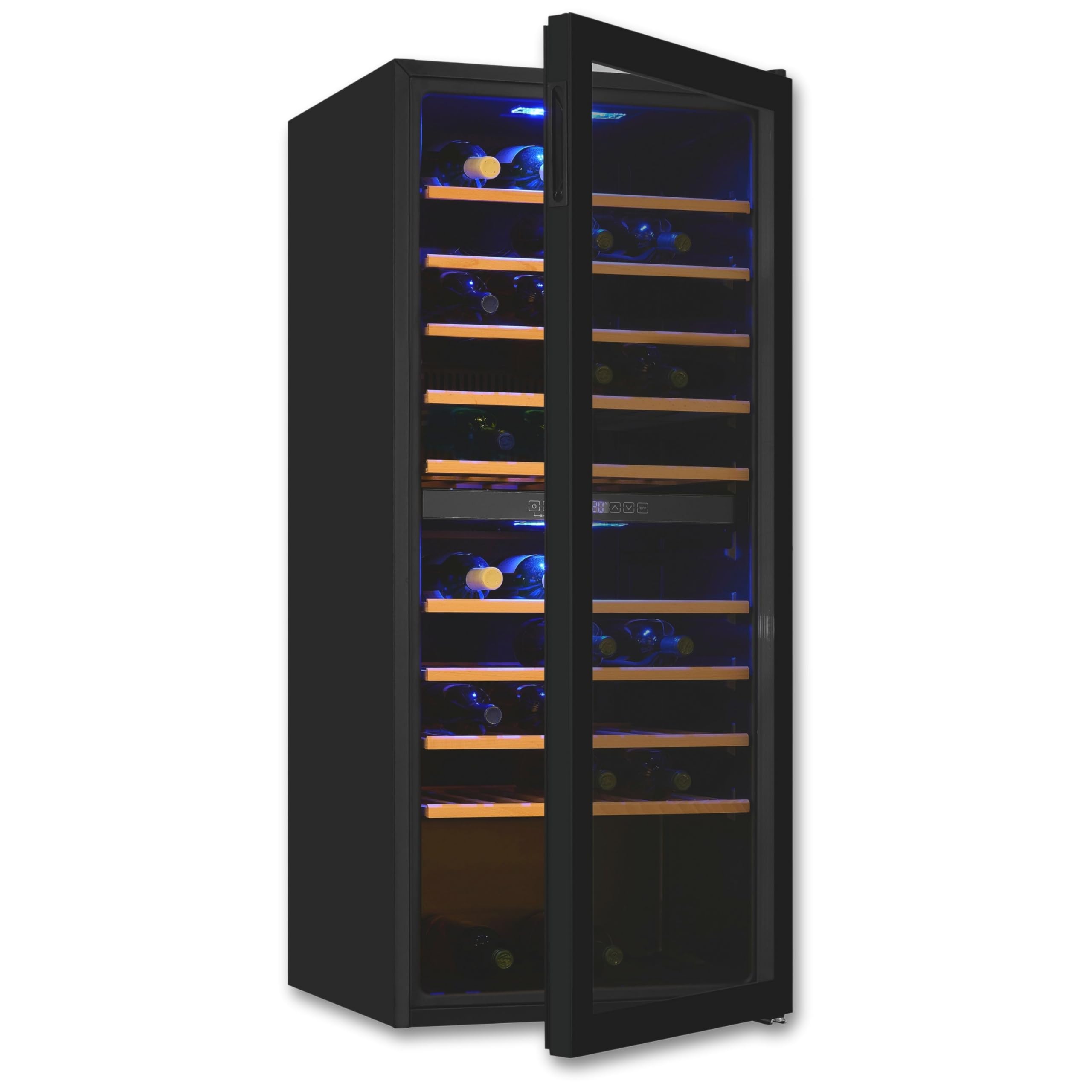 Exquisit® Vinoteca, 114 Botellas, Clase G, 220 Litros, Rango Temperatura 5ºC a 20ºC, 9 Estantes de Madera, Tirador Integrado, Consumo 156 kWh/año, Medidas 129x55,2x57,5 Cm.