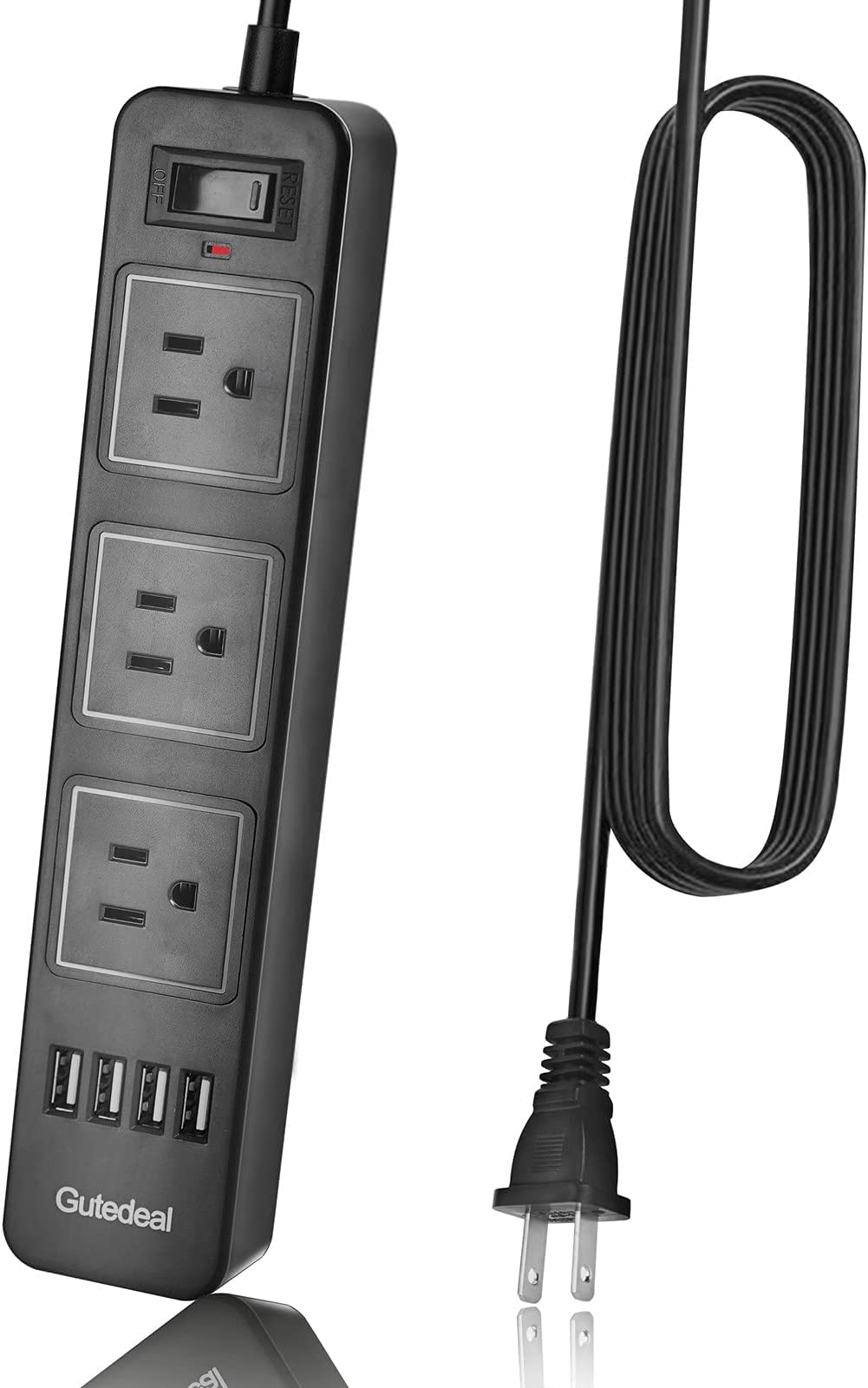 10FT 2 Prong Power Strip, USB Power Strip with 10ft Extension Long Cord, 3-Outlet Surge Protector with 4 USB Charging Ports for Smartphone, Black, 2 Pronged