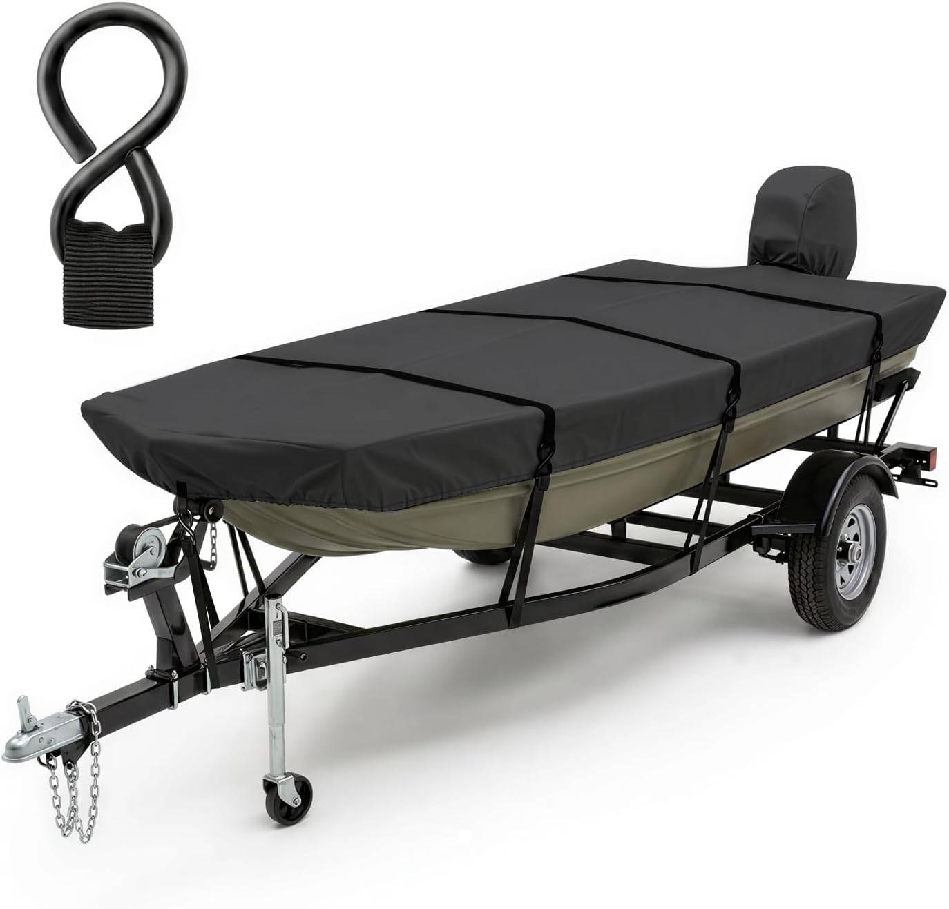 Jon Boat Cover 14-16 ft, Heavy Duty Trailerable Boat Cover with Metal Buckles for Jon 14' 15' 16' Beam Width up to 75", 1200D Waterproof Oxford with Motor Cover, Vents,Black