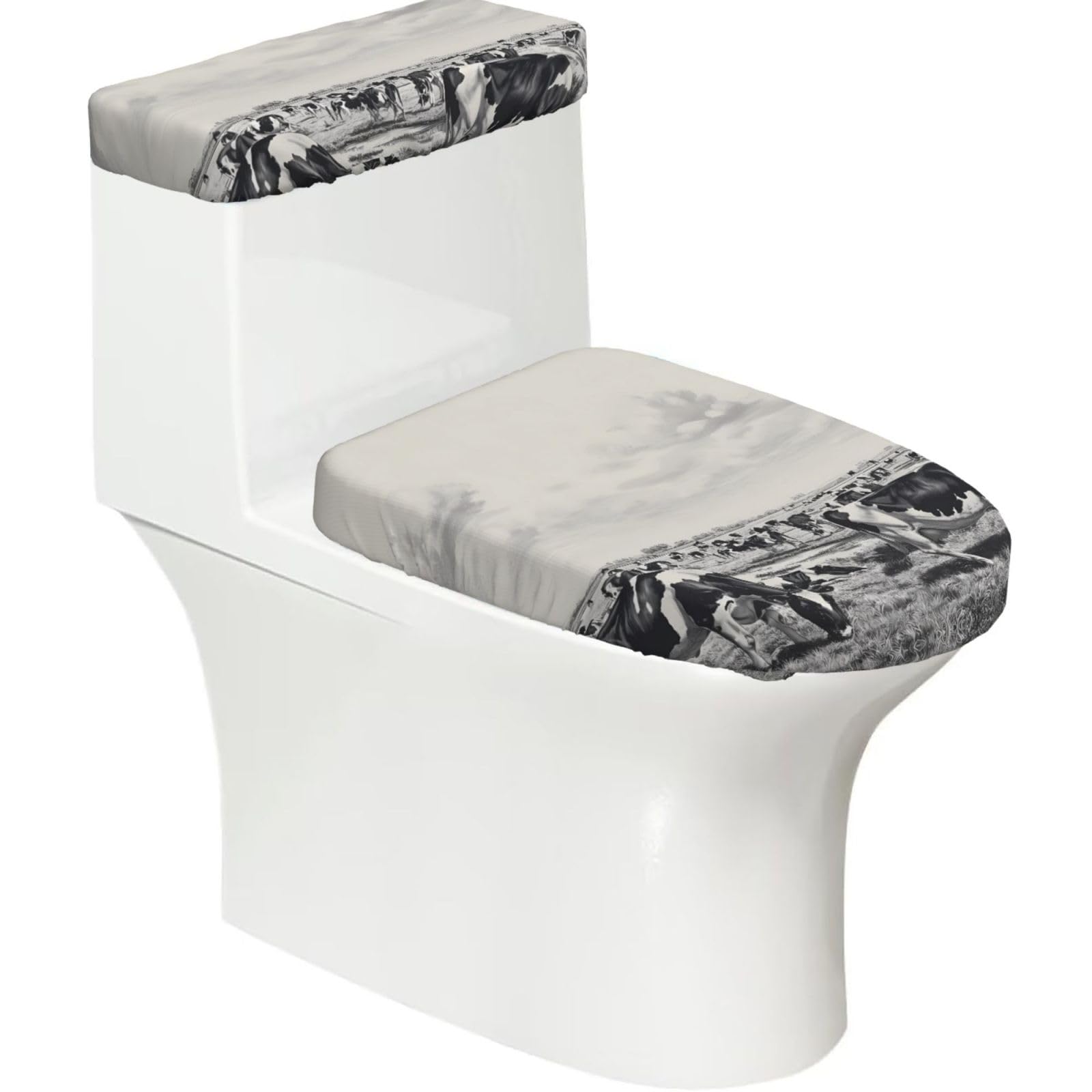 Wzycwb Black A Herd Of Dairy Cows 2-Piece Toilet Seat Cover Set With Tank Lid, Elastic Fit For U-Shape & Elongated Toilets, Bathroom Decor, Housewarming Gift