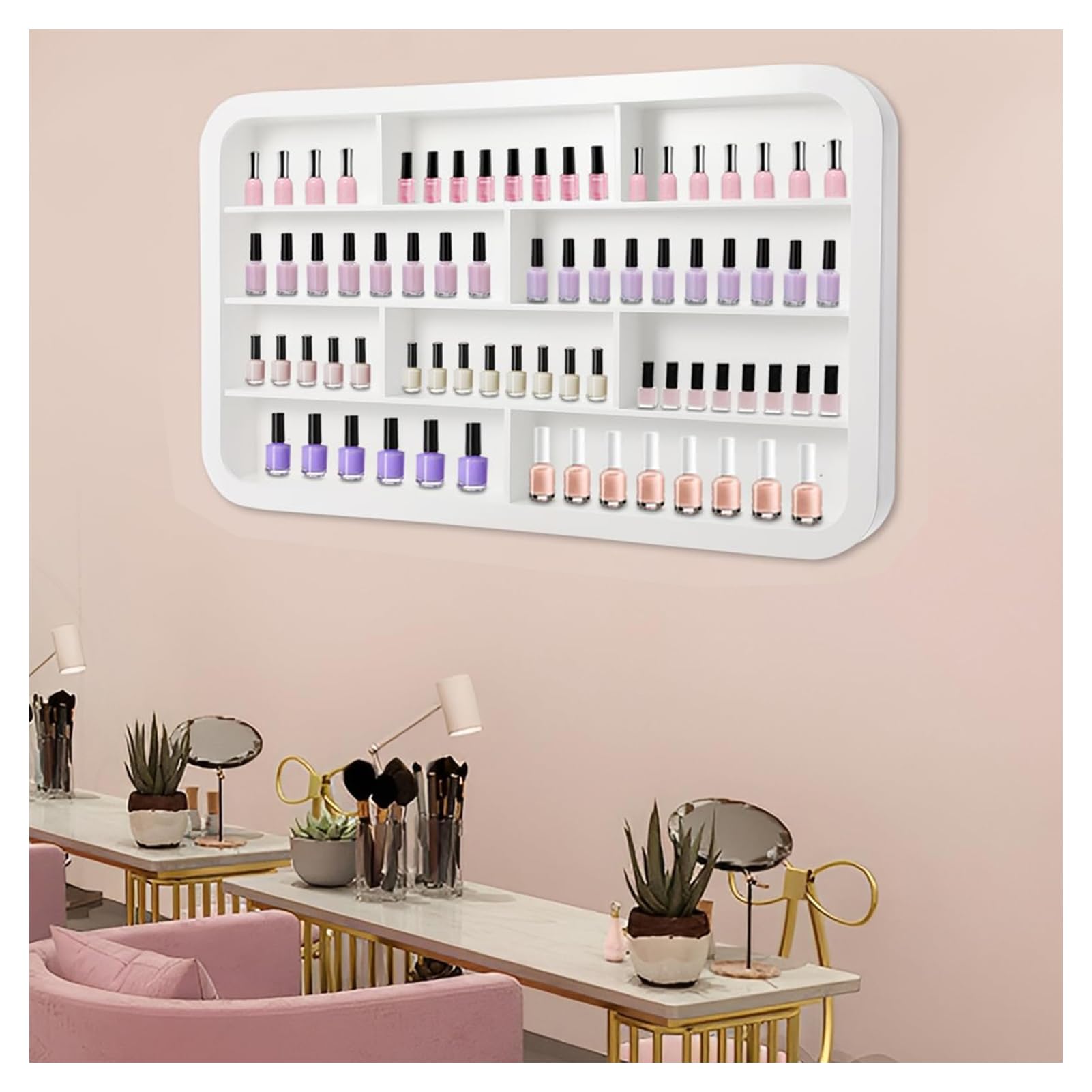 Expositor Esmaltes Uñas Blanco Colgante Pared, Organizador Salón Tablero Fibra Alta Densidad, Vitrina Resistente Múltiples Estantes para Arte Uñas en Espacios Belleza,0.8m/31.5in