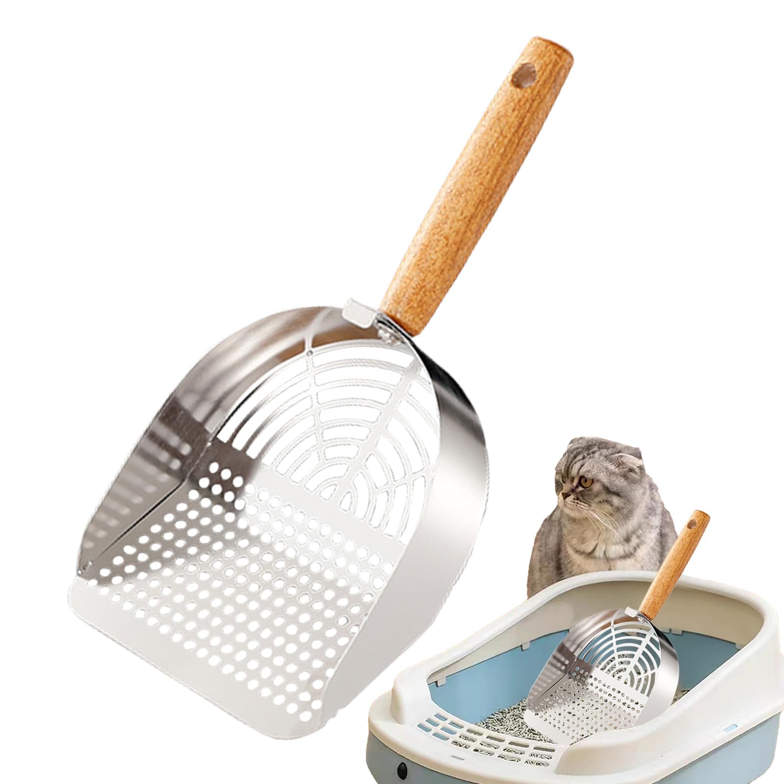 Paletta per lettiera, Accessorio ergonomico for Animali Domestici in Acciaio Inossidabile con Manico Lungo for casa, Viaggi e Interni(Stainless Steel Round Hole Style)