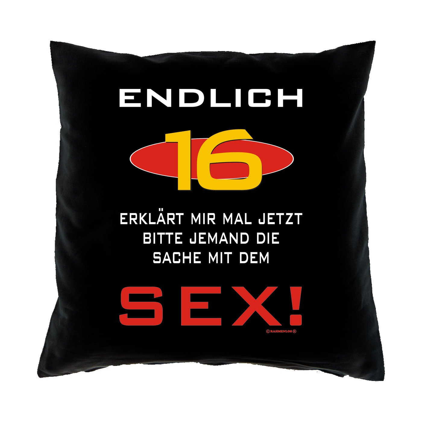 Kissenbezug - Endlich 16 - Erklärt mir mal jetzt bitte jemand die Sache mit  dem Sex! - zum 16. Geburtstag Geschenk - 40 x 40 cm - 100% Baumwolle in  schwarz : ) : Amazon.de: Küche, Haushalt & Wohnen
