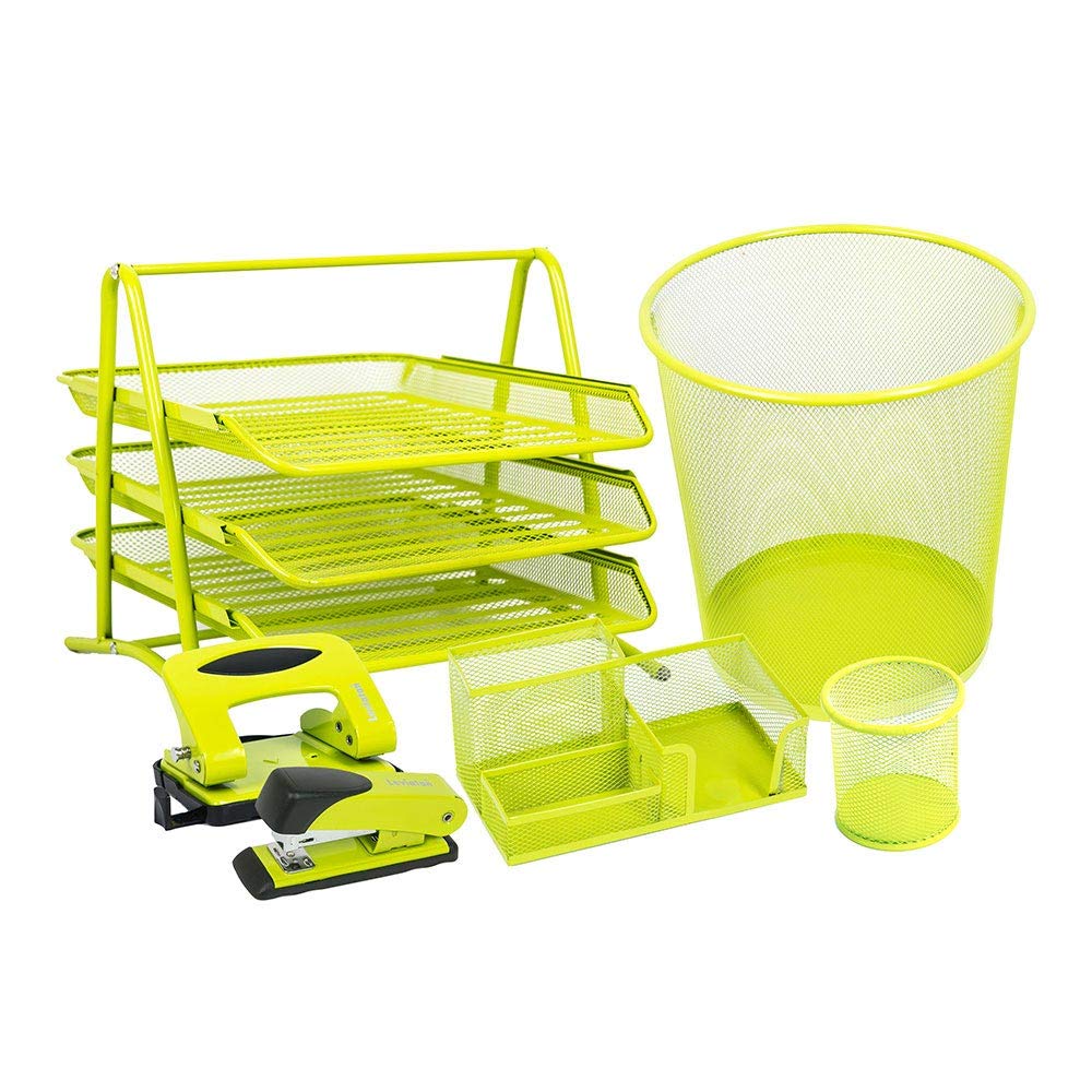 Leviatan 1410 - Set da scrivania, organizer da tavolo, in metallo, con portapenne, multifunzione, per ufficio, colore: Limone
