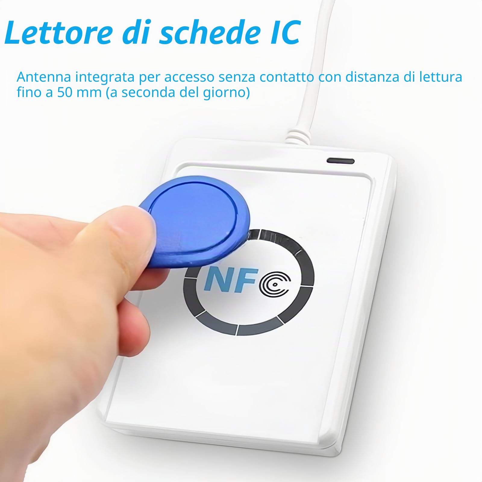 Lettore NFC, Velocità lettura scrittura 424 kbps, Supporto ISO 14443A B Felica 4 NFC, Antenna integrata senza contatto 50 mm, Per computer PC SC CCID