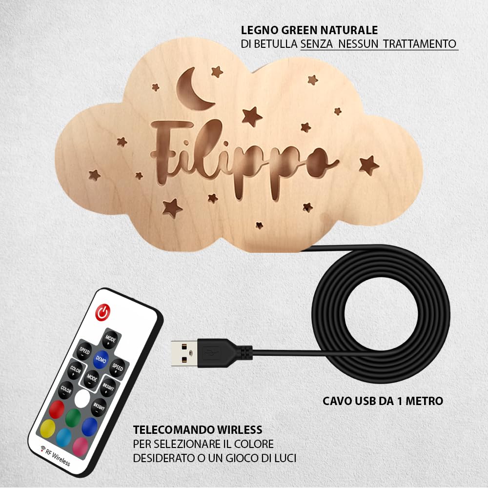 Soluzioni Green Shop Lampada Personalizzata con Nome – Luce Notturna per Bambini,Night Light LED per Cameretta – Idea Regalo Nascita Battesimo Compleanno