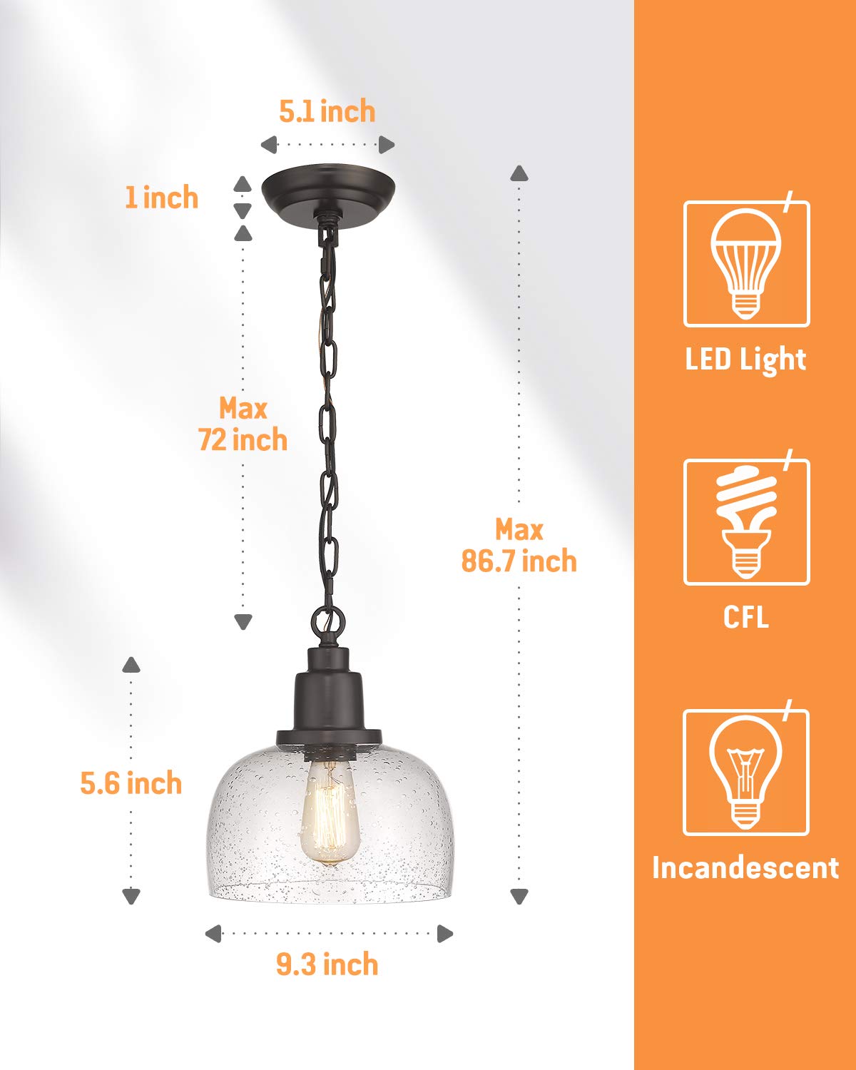 Eapudun Modern Farmhouse Pendant Light, 1-Light Industrial Hanging Light Fixture 9.3-inch, Oil Rubbed Bronze Finish with Clear Seeded Glass Shade, PDA1127-ORB