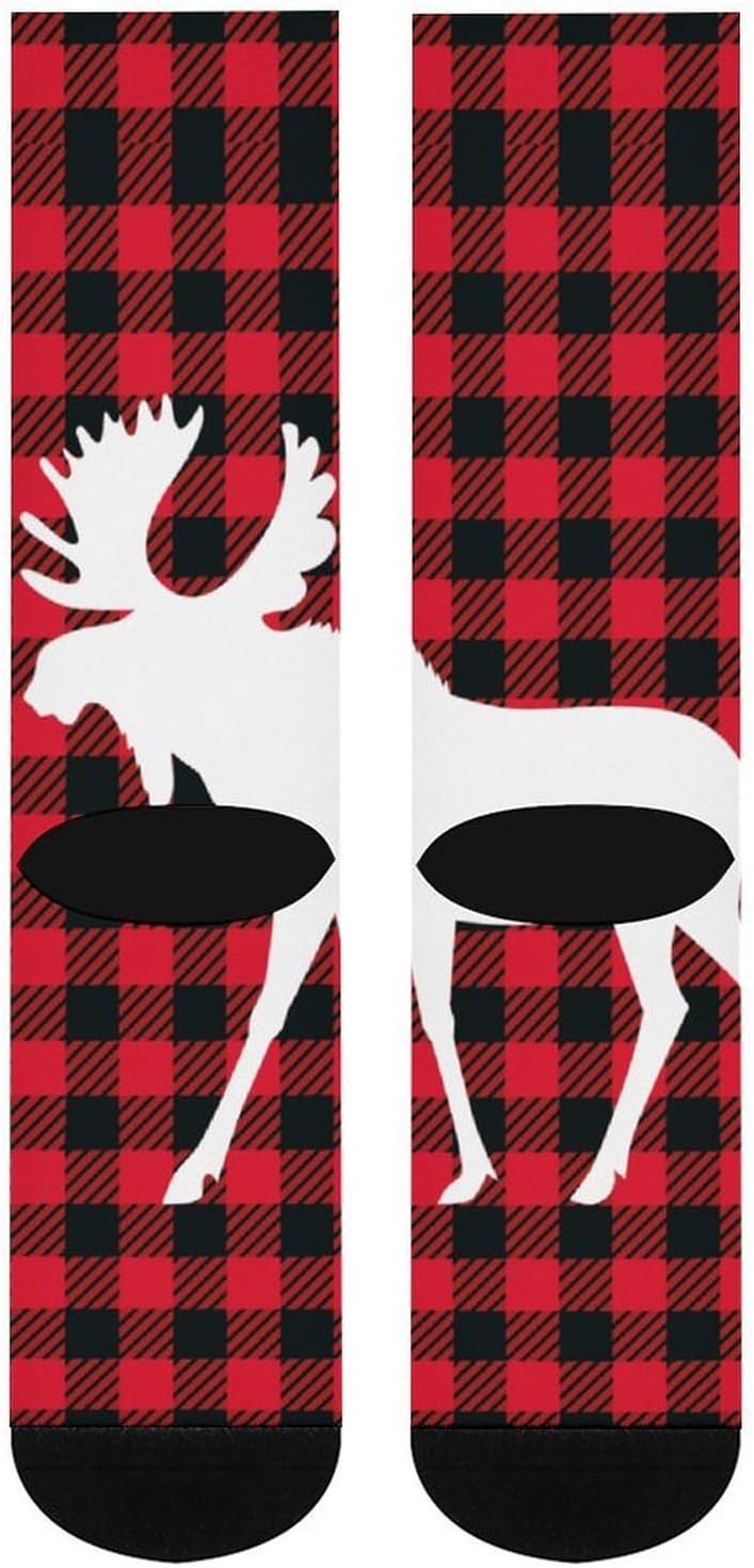 Moose Buffalo Plaid Knee High Socks Athletic Long Stockings Sport Casual Crew Tube Sock Boot 46cm