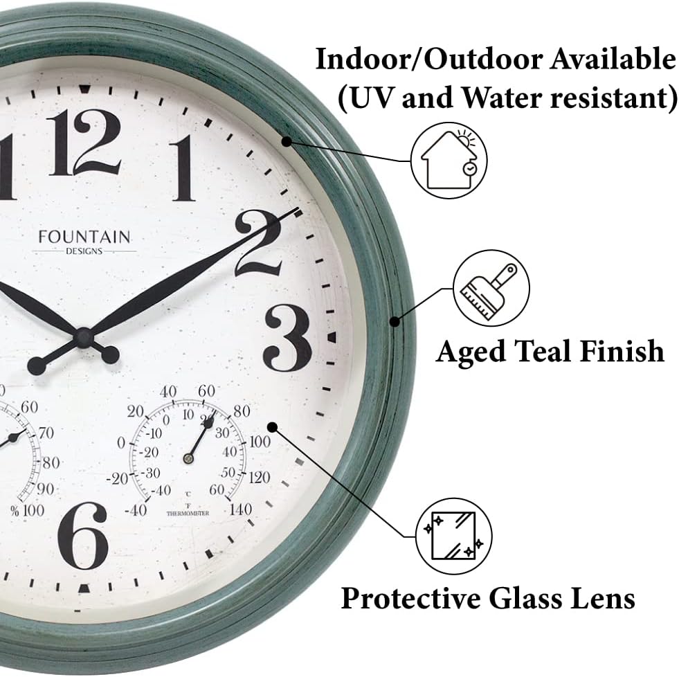 Maison in/Outdoor Clock with Thermometer, 2 in One Weather Station (Weather Thermometer/Wall Decoration) (Aged Teal, 18 inch)