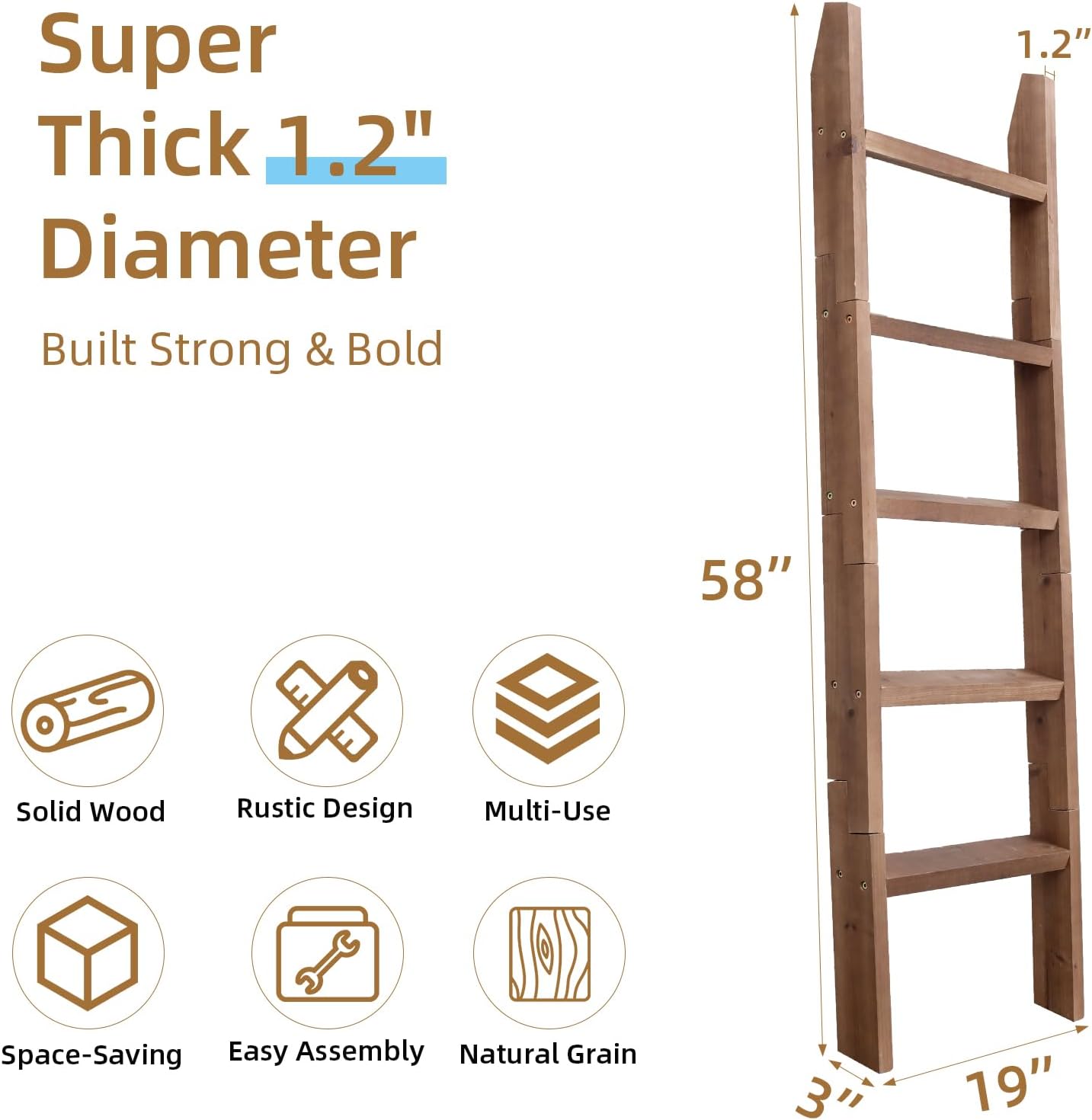 SwallowLiving Blanket Ladder – 58in Solid Wood Towel Ladder, Rustic Decorative Ladder for Blankets, Wooden Blanket Ladder Quilt Rack, Farmhouse Blanket Ladder for Living Room & Bathroom