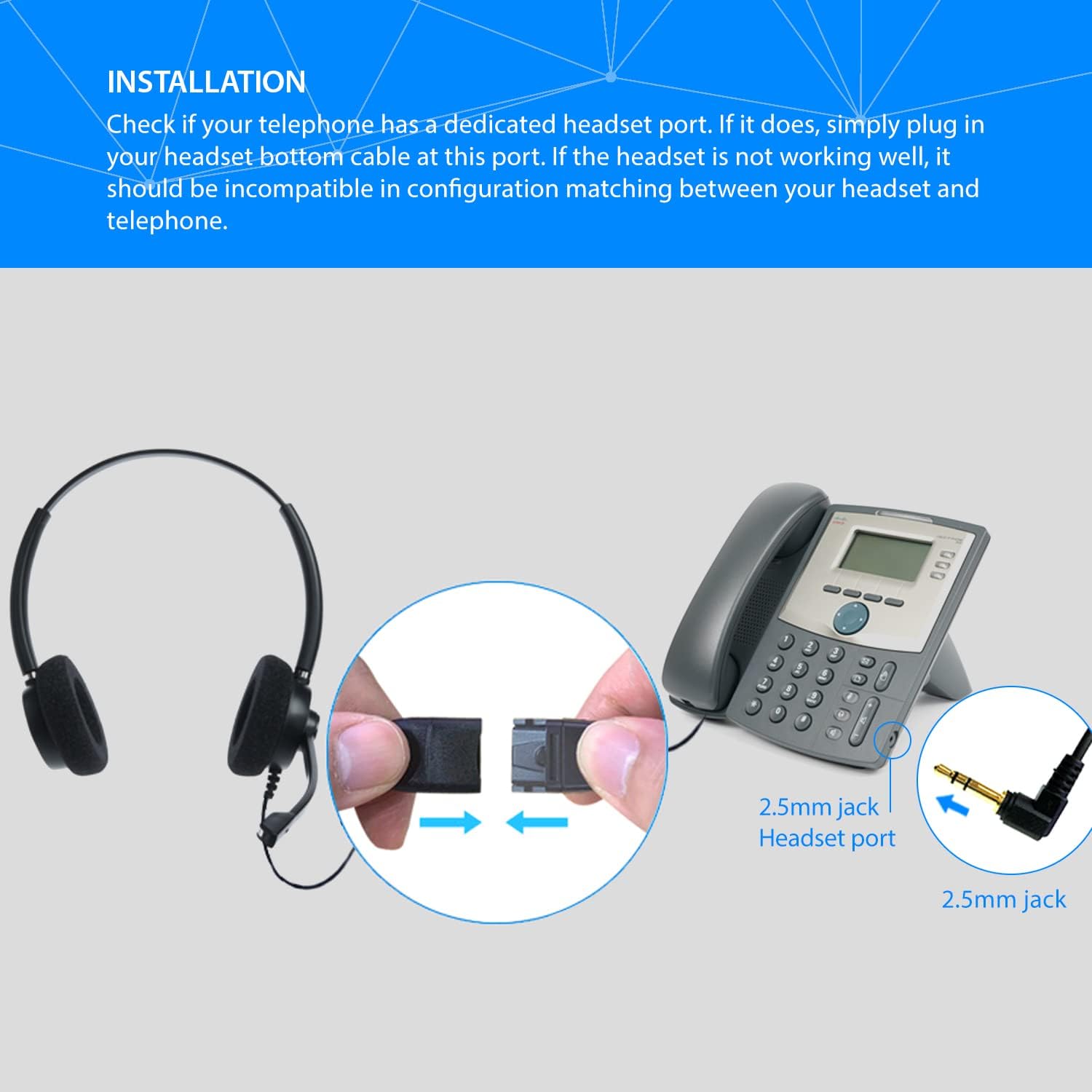 IPD Phone Headset 2.5mm with Microphone Noise Cancelling for Office and Call Center Corded IPH-165 Binaural- Compatible with Ciso SPA,Polycom 320,321,330 and Other Cordless Phones