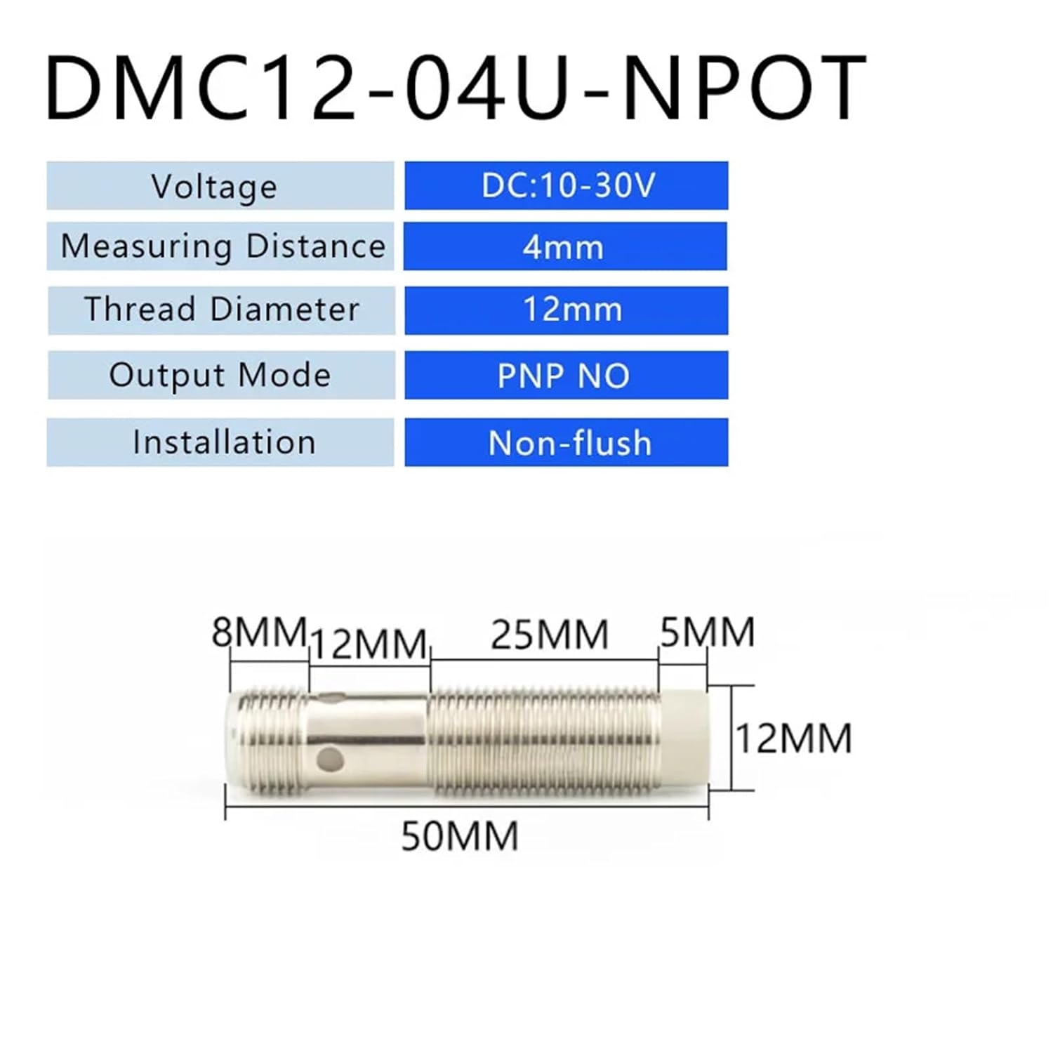 1PCS Inductive Proximity Switch Sensor Connector Pluggable M8/M12 Series 3pin 4pin Flush NPN PNP Sensing Distance 2mm 6-36V DC(DMB12-04U-NPOT)