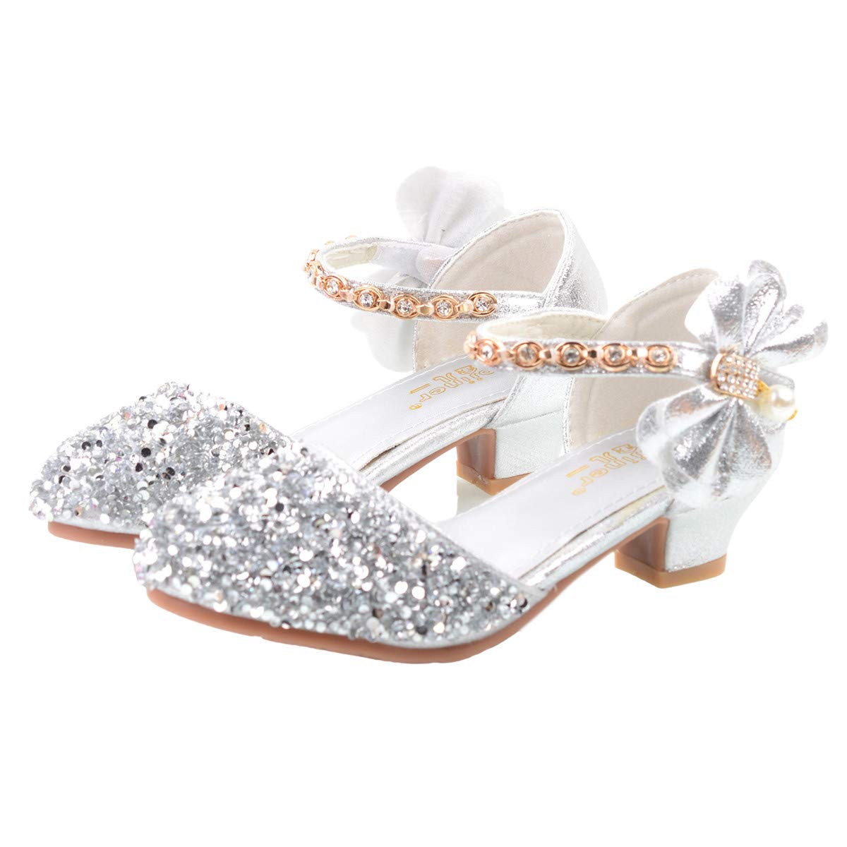 Sandales Princesse à Talon Pour Filles – PU Respirant, Strass Et Nœud – Argent, Rose Ou Bleu – Pour Mariage, Fête Ou Déguisement