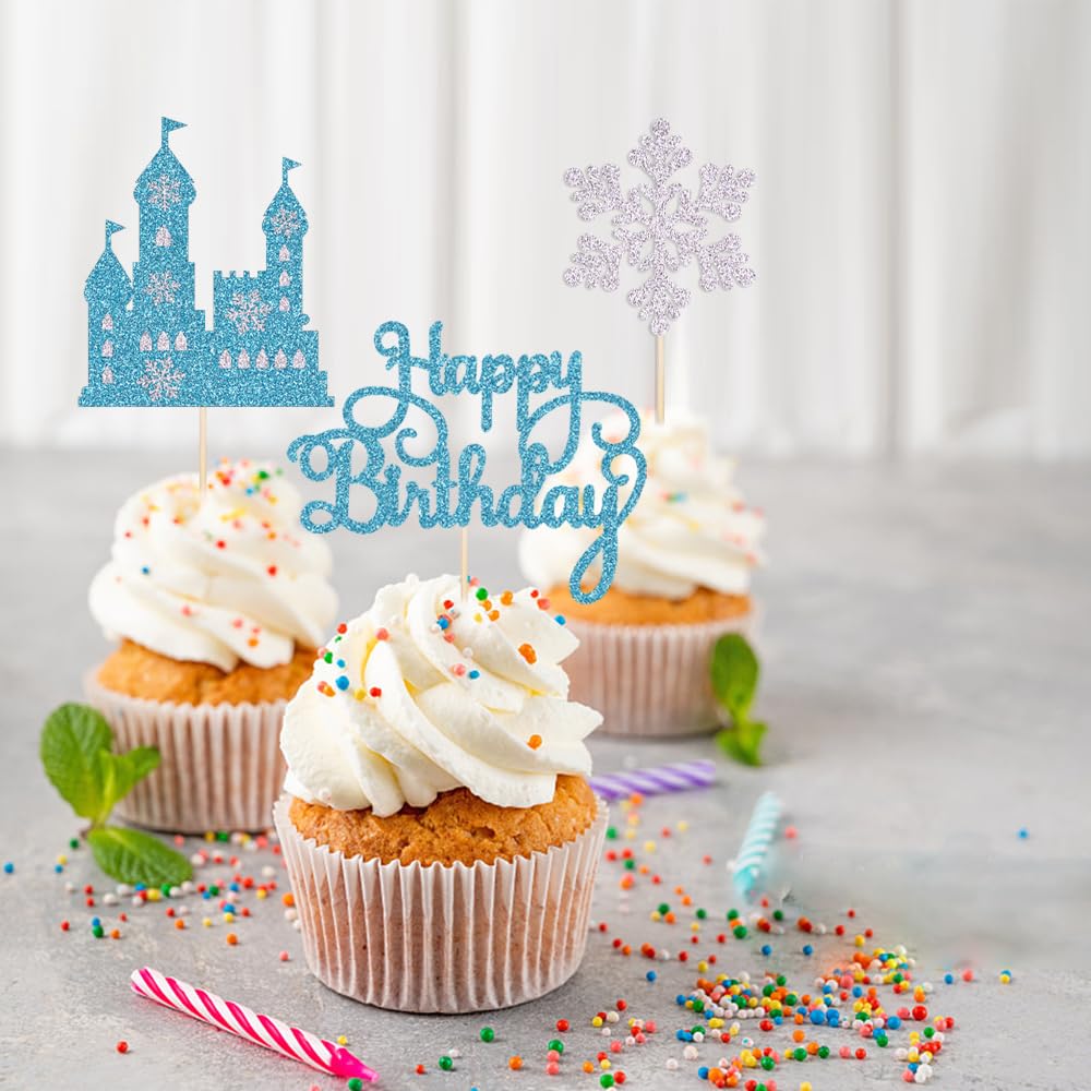 Qertesl Frozen Castle Cake Topper, 3Pcs Winter Wonderland Themed Decoration, Frozen Castle Themed Baby Shower Decoration, Princess Birthday Party Supplies