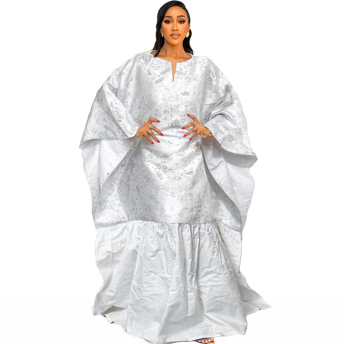 Madashiki Women's White Pure African Boubou Dashiki With Brocade Embroidery Plus Size Mali Wedding Bride Basin Long Robe
