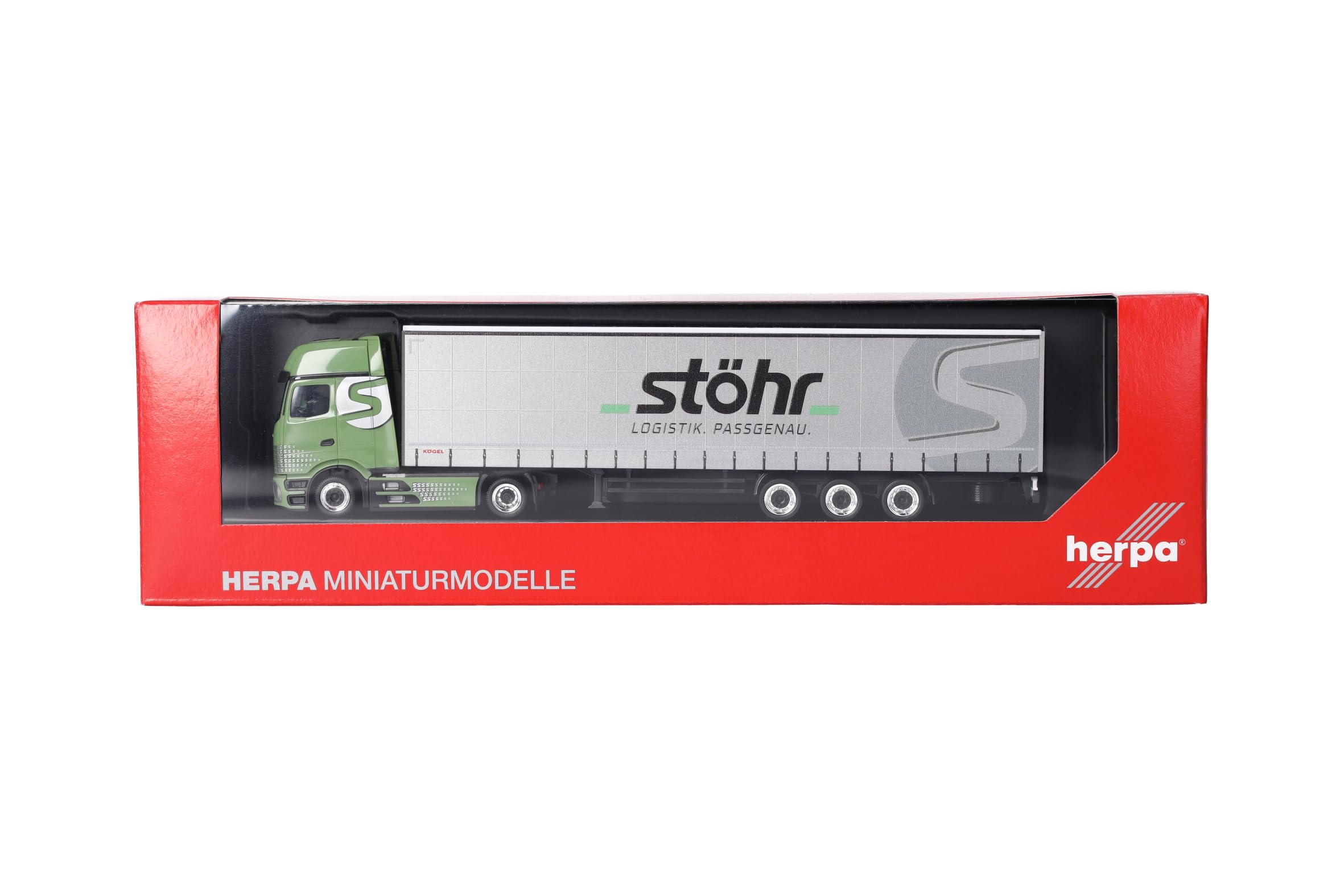 Herpa LKW Modell Mercedes-Benz Actros L ProCabin Gigaspace Volumenplanen-Sattelzug „Stöhr Logistik“, Miniatur im Maßstab 1:87, Sammlerstück, Made in Germany, Kunststoff