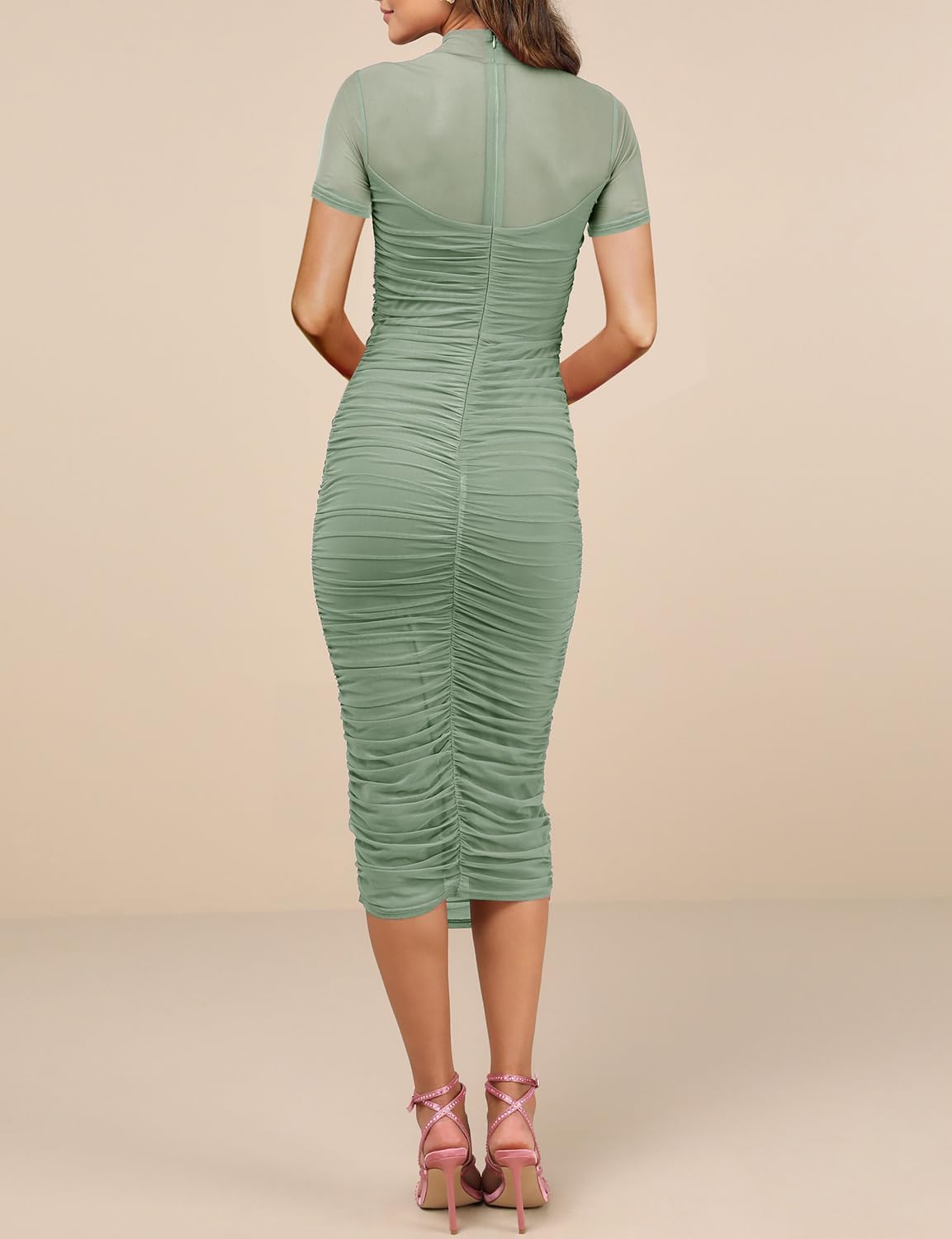 Dedysler Maternity Mesh Bodycon Dress for Baby Shower Sexy Mock Neck Long Casual Pregnancy Clothes with Back Zipper