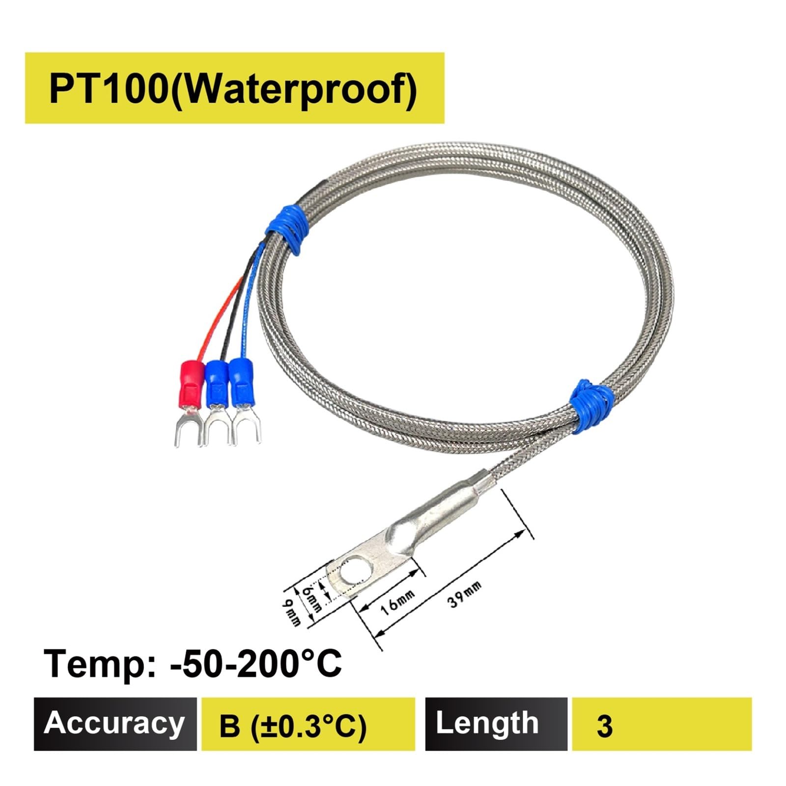 Sensor de sonda de temperatura, sensor de temperatura impermeable PT100/PT1000 | Termómetro de resistencia de platino(Pt100-B-300CM-Y6mm-H)