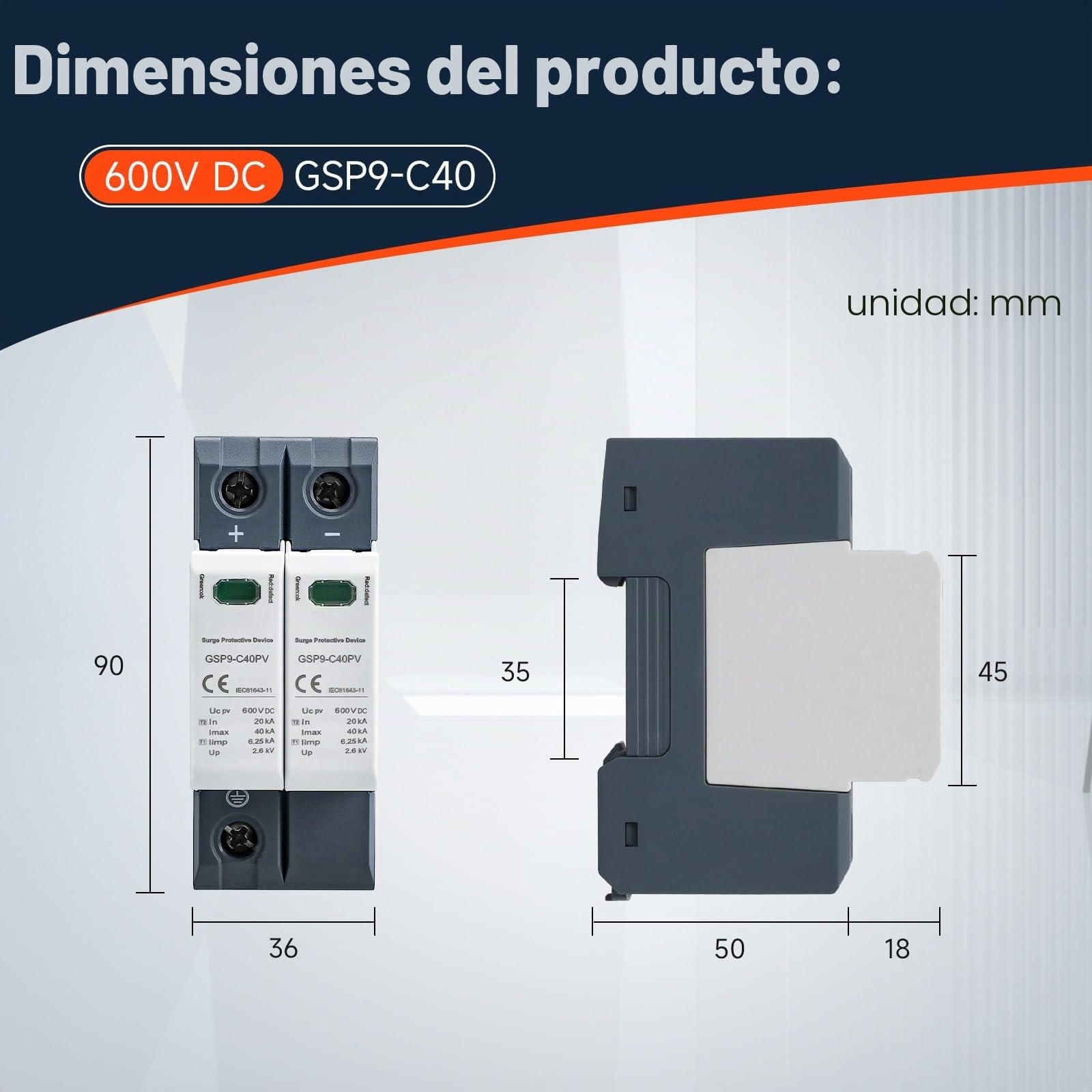 Descargador de sobretensión 2P 40KA 600VDC para corriente continua, dispositivo de protección contra sobretensiones y rayos, adecuado para fotovoltaicos y circuitos domésticos de baja tensión