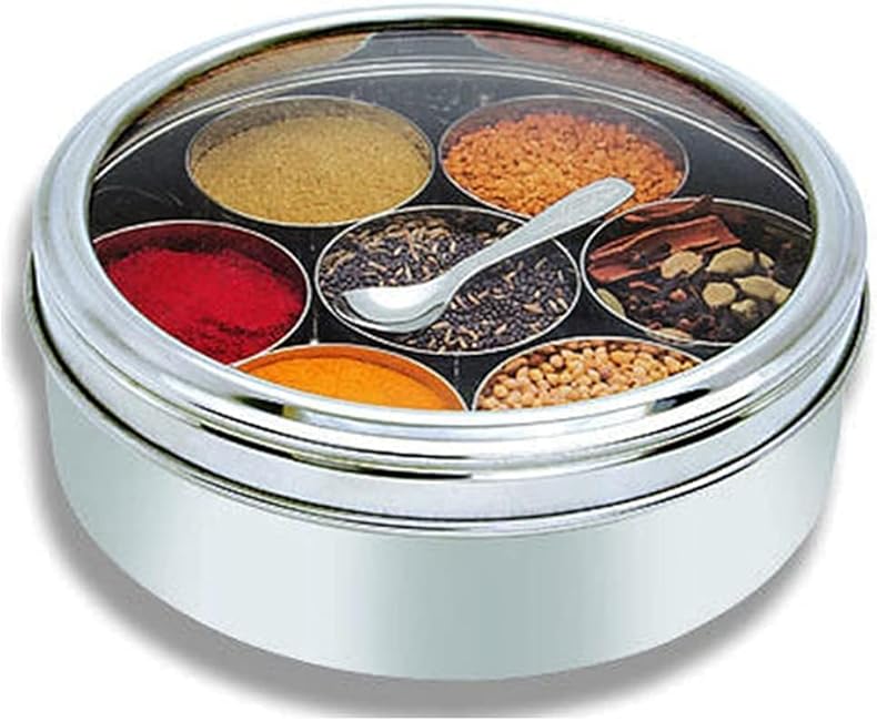 Stainless Steel Indian Spice Box, Indian See Through Masala Dabba, Masala Box,Steel Masala Dabba, Indian Spice Container, with 7 Spice containers Size 23 X 23 x 9 cm (spiceboxsmall)