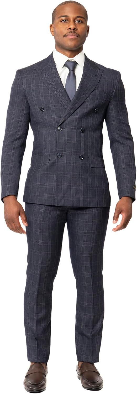 Slim Fit Double Breasted 2 Button Peak Lapel Plaid Men's Suit 2311