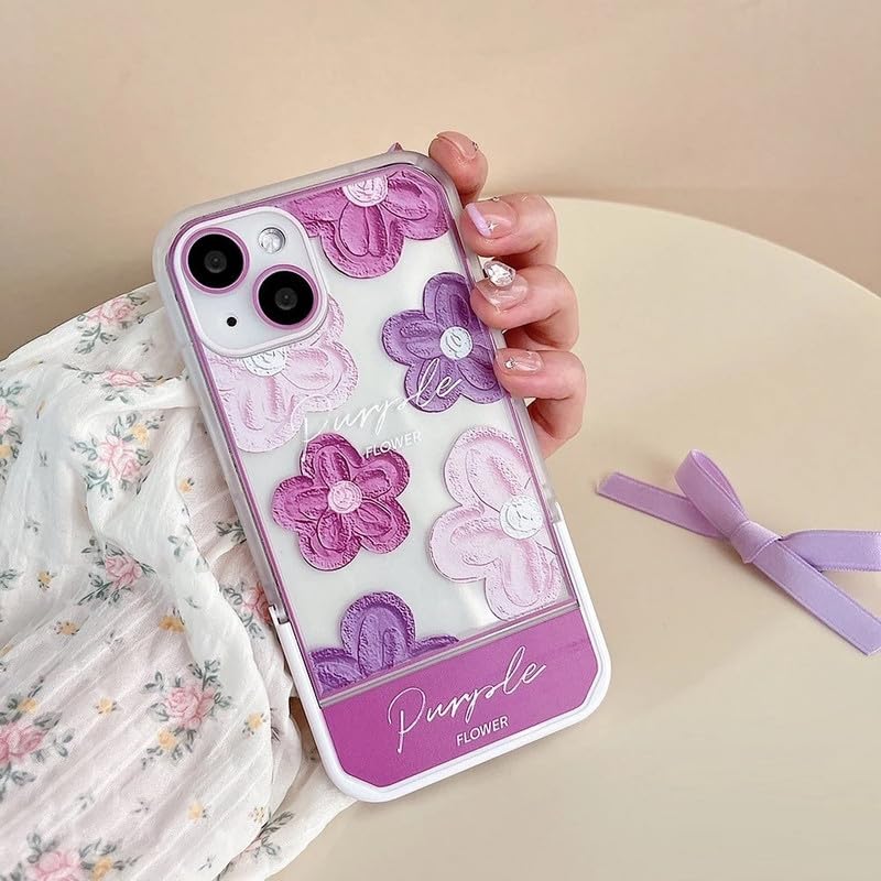 Image of COVERLY 3D Cute Creative Purple Flower Cartoon Oil Painting Floral Decor Wave Curly Edge Invisible Phone Table Stand Holder Grip Happy Aesthetic Cover Girly Charm Case for Apple iPhone 12 Pro (Purple)