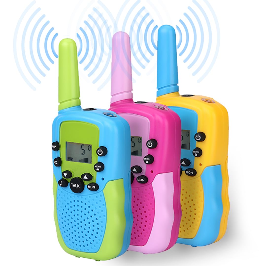 NK Set di 3 Walkie-Talkie per Bambini di 4 5 6 7 8 9 Anni (Batterie Incluse) - Lunga Distanza 3km, Display LED, 22 Canali, Giocattolo per Bambini con Torcia, Regalo di Natale Compleanno (3 unità)