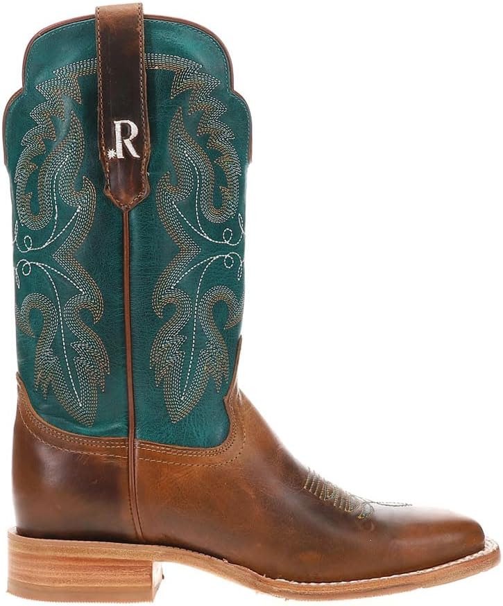 R. Watson Boots Womens Honey Cowhide Embroidered Wide Square Toe Casual Boots Mid Calf Low Heel 1-2" - Brown - Size 9 B