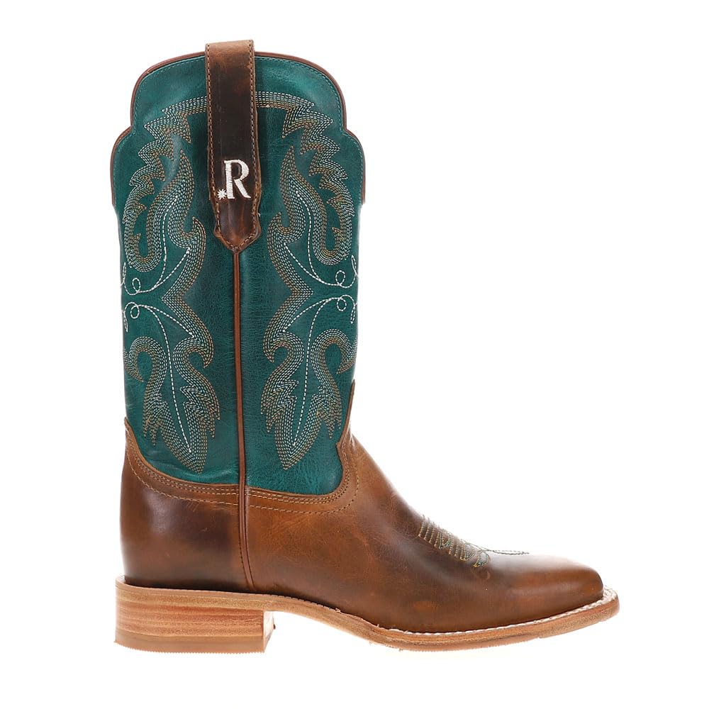 Womens Honey Cowhide Embroidered Wide Square Toe Casual Boots Mid Calf Low Heel 1-2 - Brown