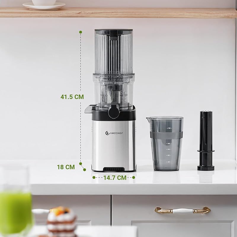 AMZCHEF lassú léfacsaró gyümölcs és zöldséghez, 120 mm széles betöltőnyílás, automatikus vágás, rozsdamentes acél, 60 RPM, könnyű tisztítás