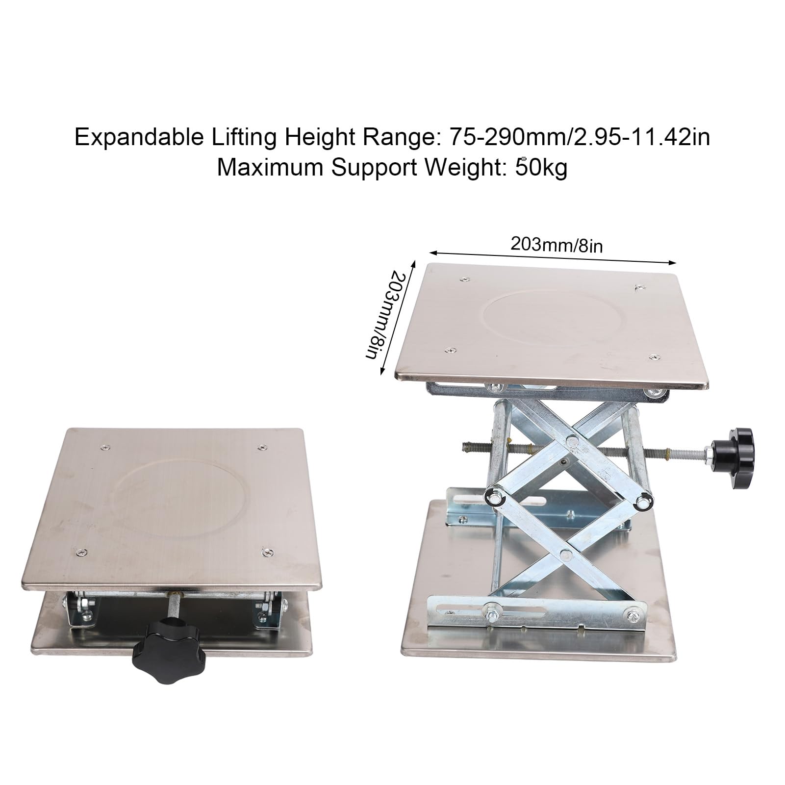 Mesa Elevadora, Mesa de Laboratorio Ajustable de Acero Inoxidable, 8x8 Pulgadas, Rango de de 2,95 a 11,42 Pulgadas para Uso en Laboratorio e Investigación