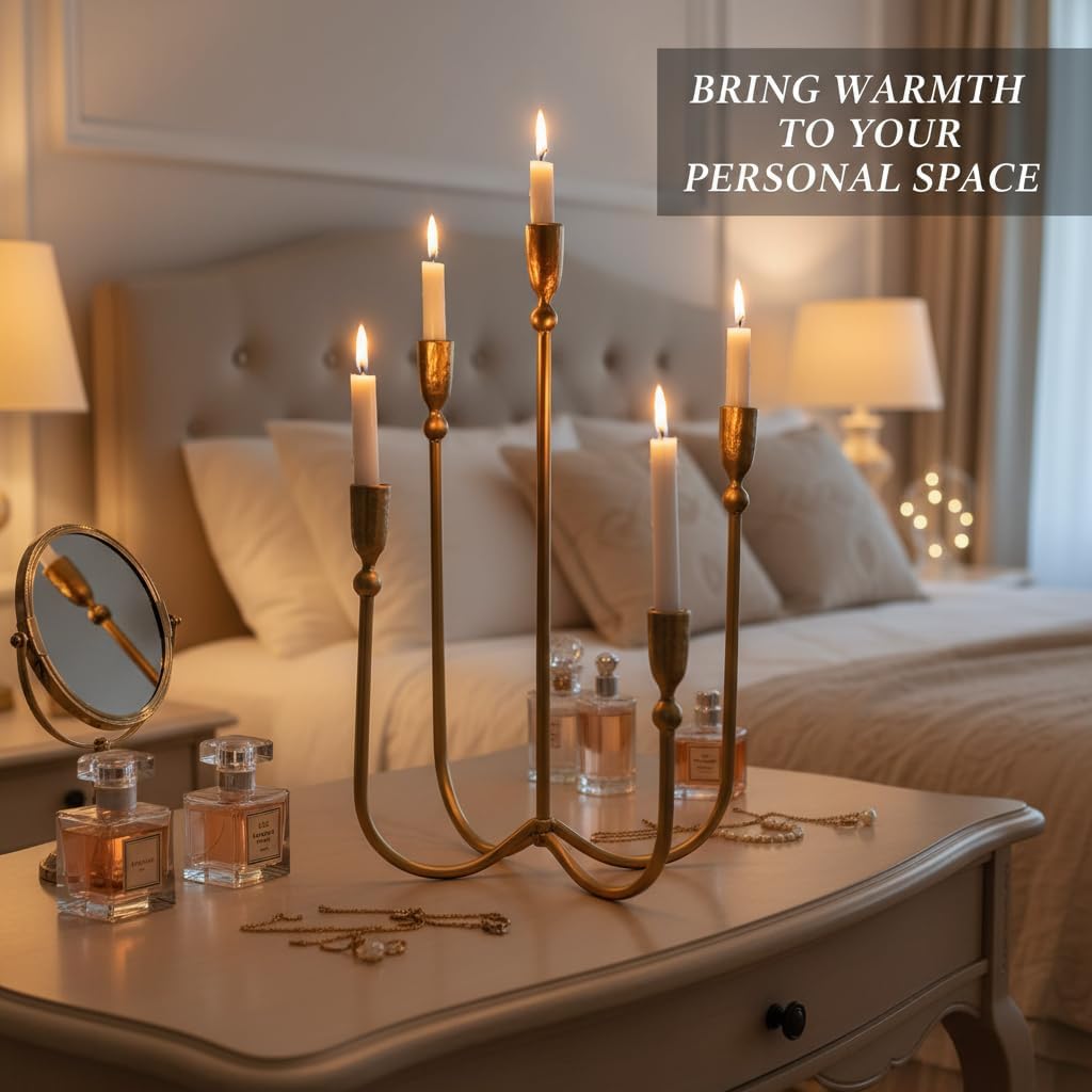 Candelabra for 5 Taper Candles – Hand-Forged Candle Holder with Elegant Vintage Finish – Decorative Centerpiece for Dining Room, Living Room or Mantel Decor（Brass Color-Ball）