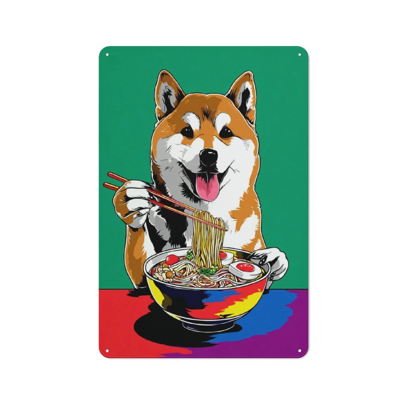Metal Wall Sign 30x20cm Featuring Dog Enjoying Ramen Bowl for Garage Or Workshop, Suited to Workshop Owners