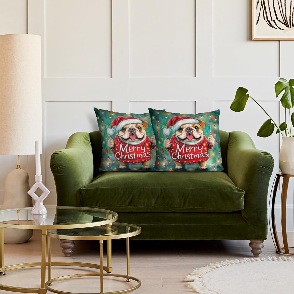 Christmas Bulldog Throw Pillow Cover Merry Christmas Set of 2 Snowflake 28x28 Inch Linen for Sofa Couch Decor Room Home Decor Car Cushion Cover