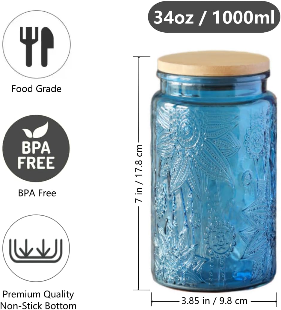 34 FL OZ Blue Vintage Glass Canister, Decorative Mason Jar for Home Kitchen Storage Coffee Tea Sugar Biscuit Candy Jar with Lid (Blue, 1Pack) - Image 2