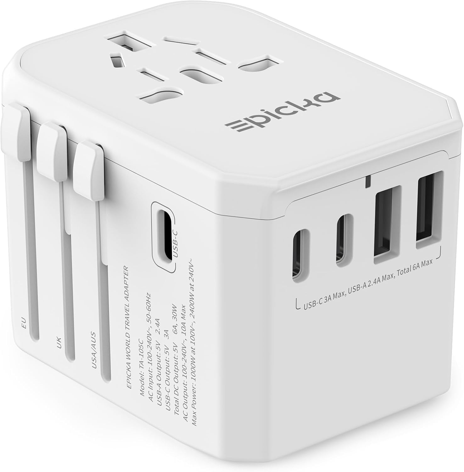 EPICKAUniversal Travel Adapter, International Power Adapter with 2 USB-A & 3 USB-C Ports Wall Charger - Worldwide Travel Essentials, European Travel Plug Adapter for UK/US/AU (TA-105C, White)