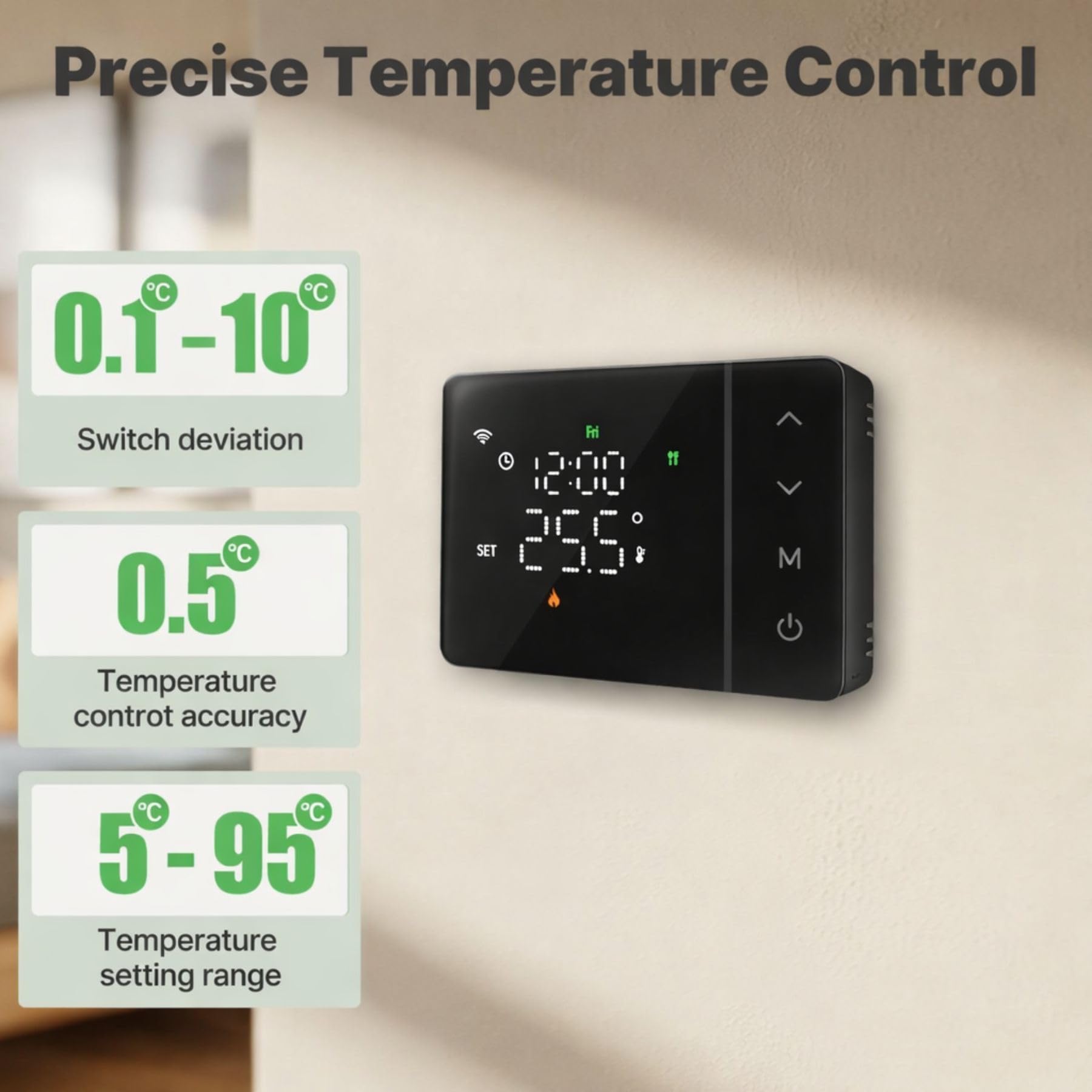 Termostato WiFi a Pilas para Caldera de Gas, Negro, Termostato Inteligente Programable Semanal, Pantalla Táctil, Control por App Tuya Smart Life, Montaje en Pared o Empotrado