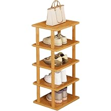 Tall Vertical Shoe Rack 8 Tier Narrow Organizer Space Saving Corner Storage Shelf Freestanding Wooden Bamboo Display Tower for Small Space Entryway Closet Hallway Easy Assembly S