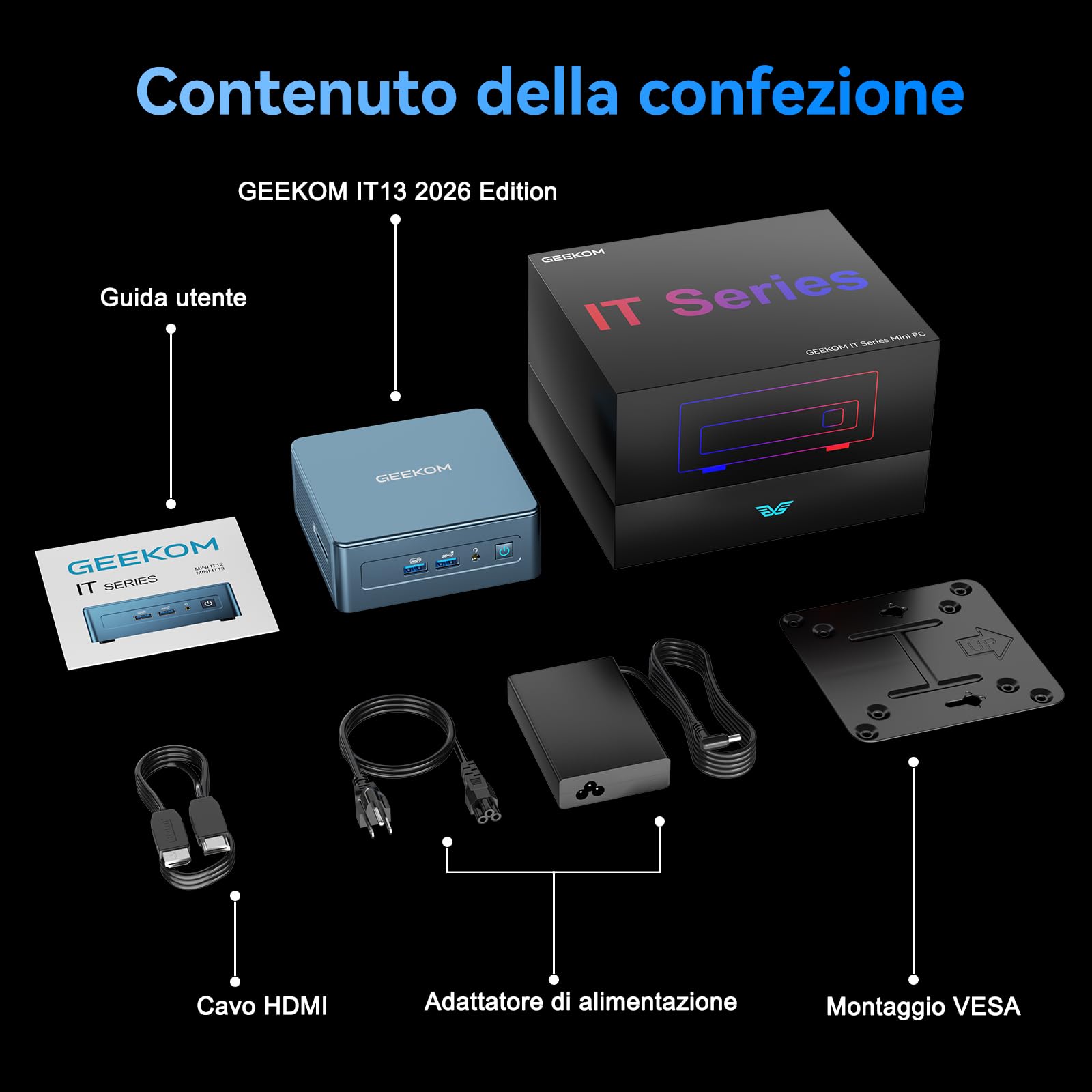GEEKOM IT13 2026 Edition Mini PC con Intel Core Ultra 7 356H | 40 TOPS AI per Editing e Creazione | 4 schermi in 8K per Ufficio e Gaming | Wi-Fi 7 | Doppia USB4 | 32GB DDR5 RAM e 1TB SSD| Windows 11