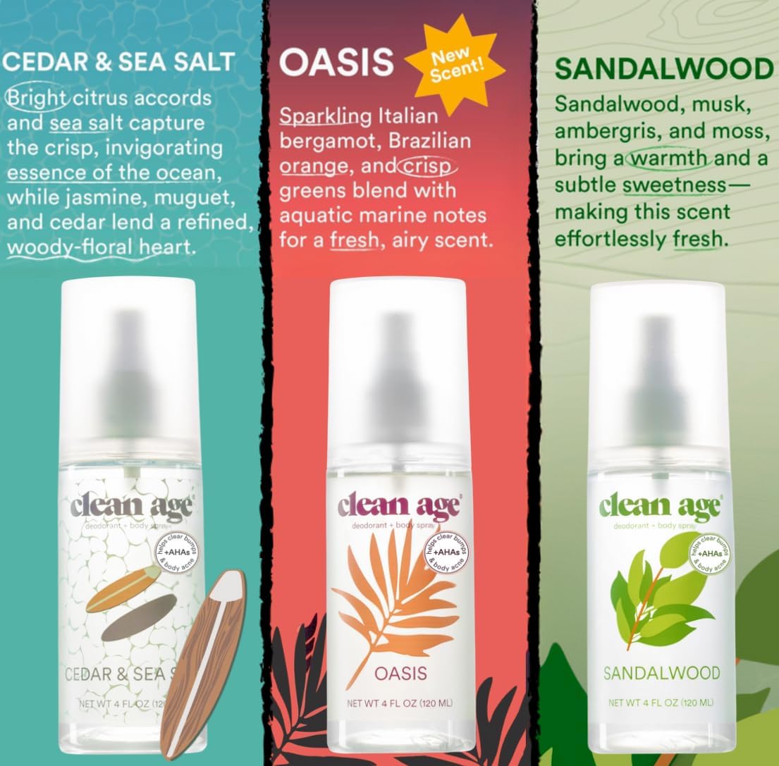 Aluminum Free Deodorant & Body Spray for Whole Body - 3 Pack 4oz ea - Wanderlust Collection (Cedar, Oasis and Sandalwood) - Clean Deodorant and Body Spray for Teen Boys and Girls