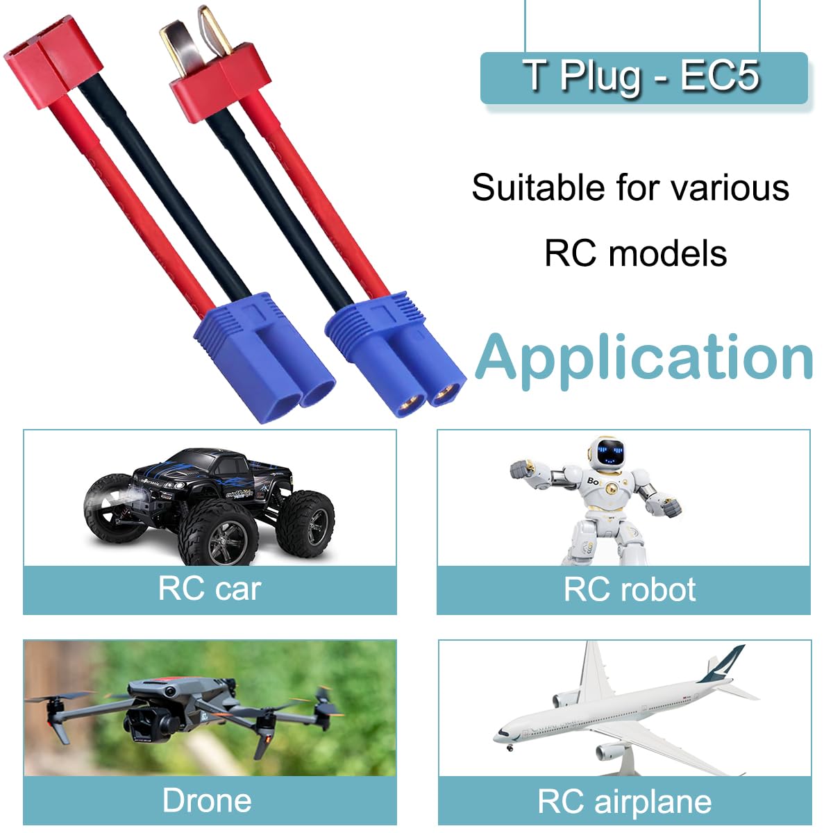2 pary wtyczek T na wtyczkę EC5/gniazdo, adapter EC5 na wtyk T, 12 G, kabel 5 cm, do ładowarki akumulatorów RC-Lipo, samochód RC