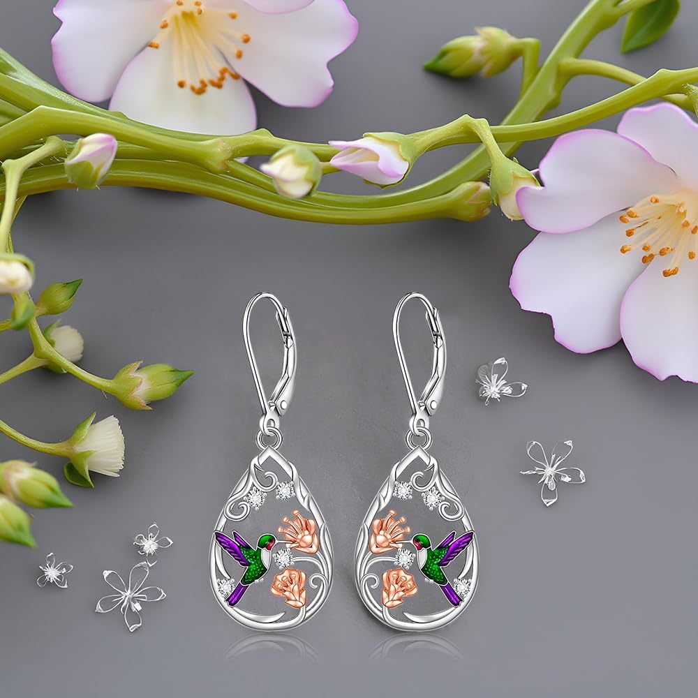 Hummingbird Earrings for Women 925 Sterling Silver Purple Hummingbird Jewelry Cute Flower Bird Earrings Dangle Mothers Day Gifts - Image 9