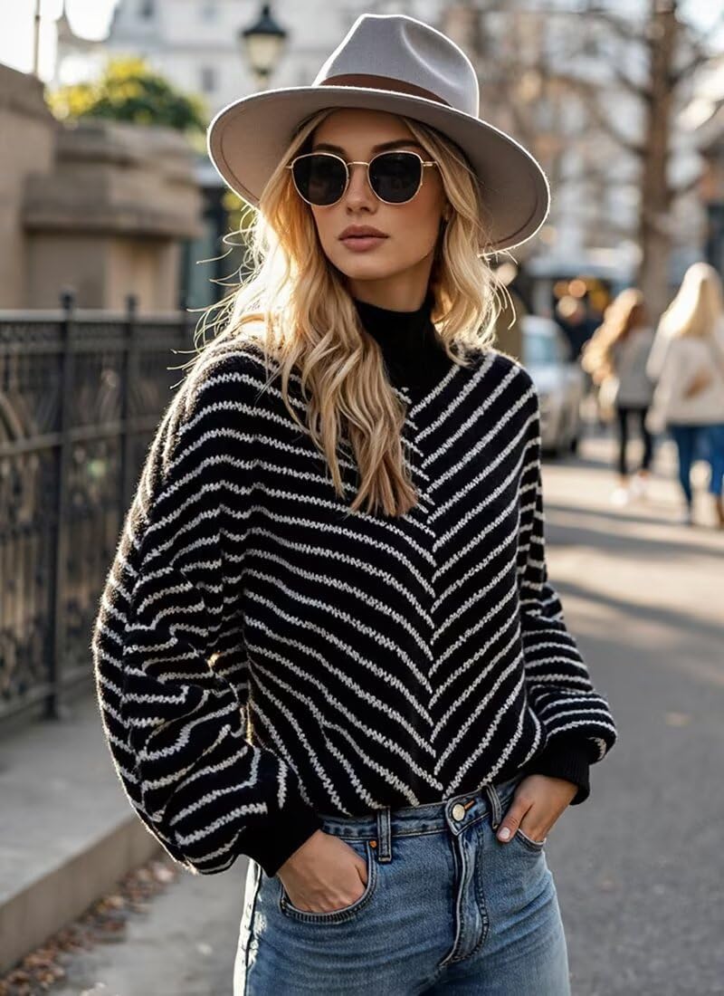 Upopby Women's Striped Fall Winter Sweaters for Women Trendy Turtleneck Lantern Sleeve Knitted Pullover Sweater Jumper Tops - Image 7