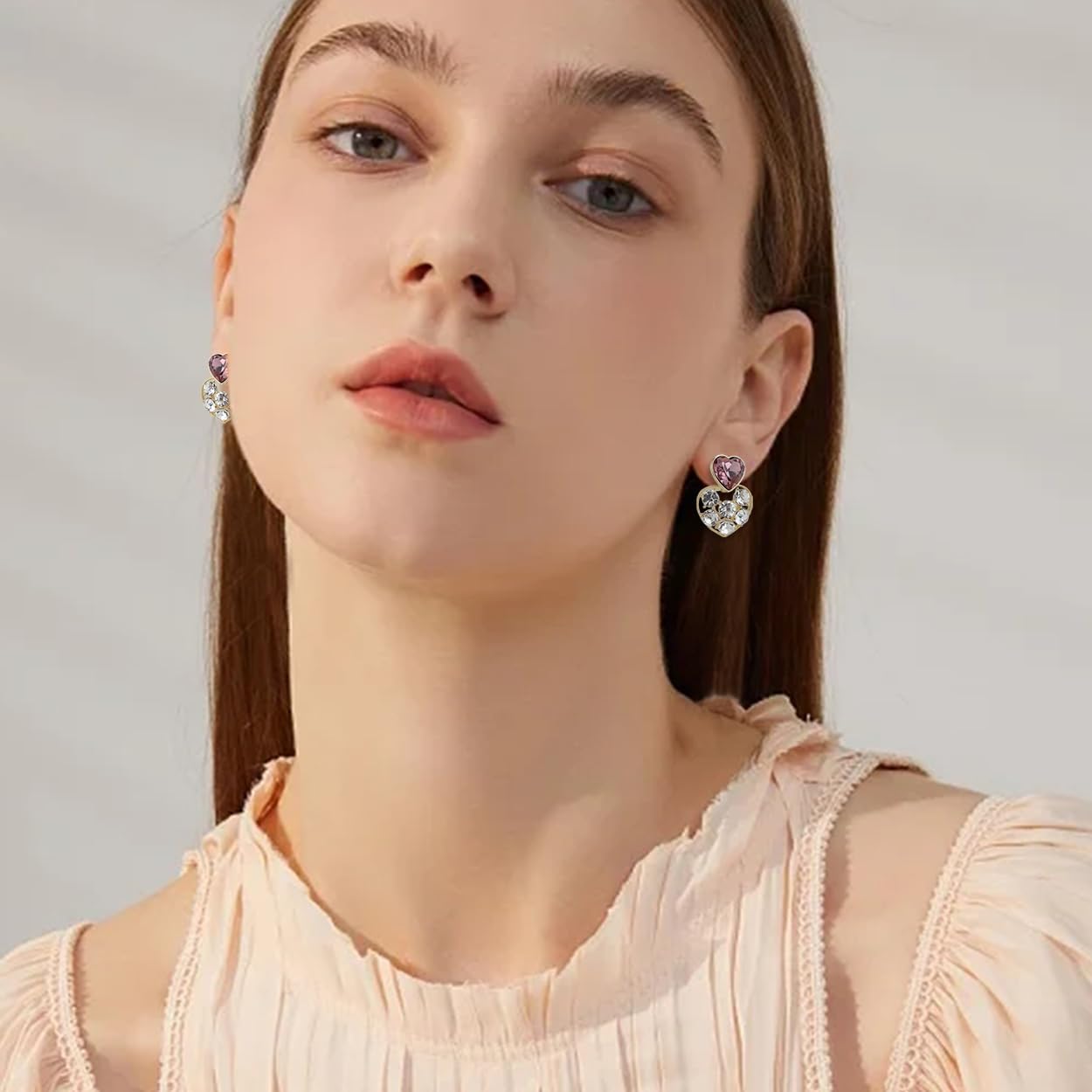 Sonateomber Rhinestone Double Hearts Dangle Valentine earrings for Women – Sparkly Crystal Cubic Zirconia love Heart Drop Dangling Wedding Christmas Holiday Prom Fashion Jewelry Gift - Image 2