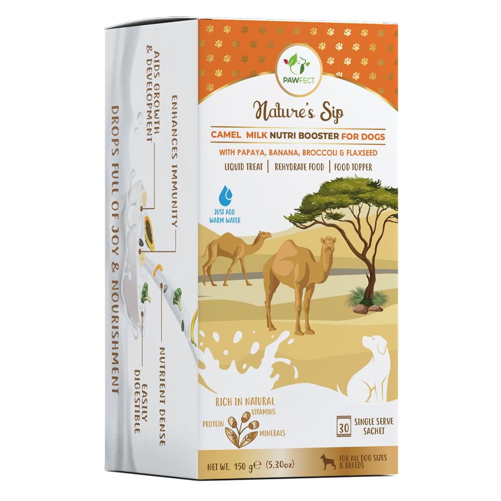 Pawfect Nature's Sip Camel Milk Powder with Papaya, Banana, Broccoli & Flaxseeds| Easily Digestible| Pre & Probiotics| Healthy Topper| Low Glycemic| Hydration Support| 30 scoops| (150g/5.29oz)