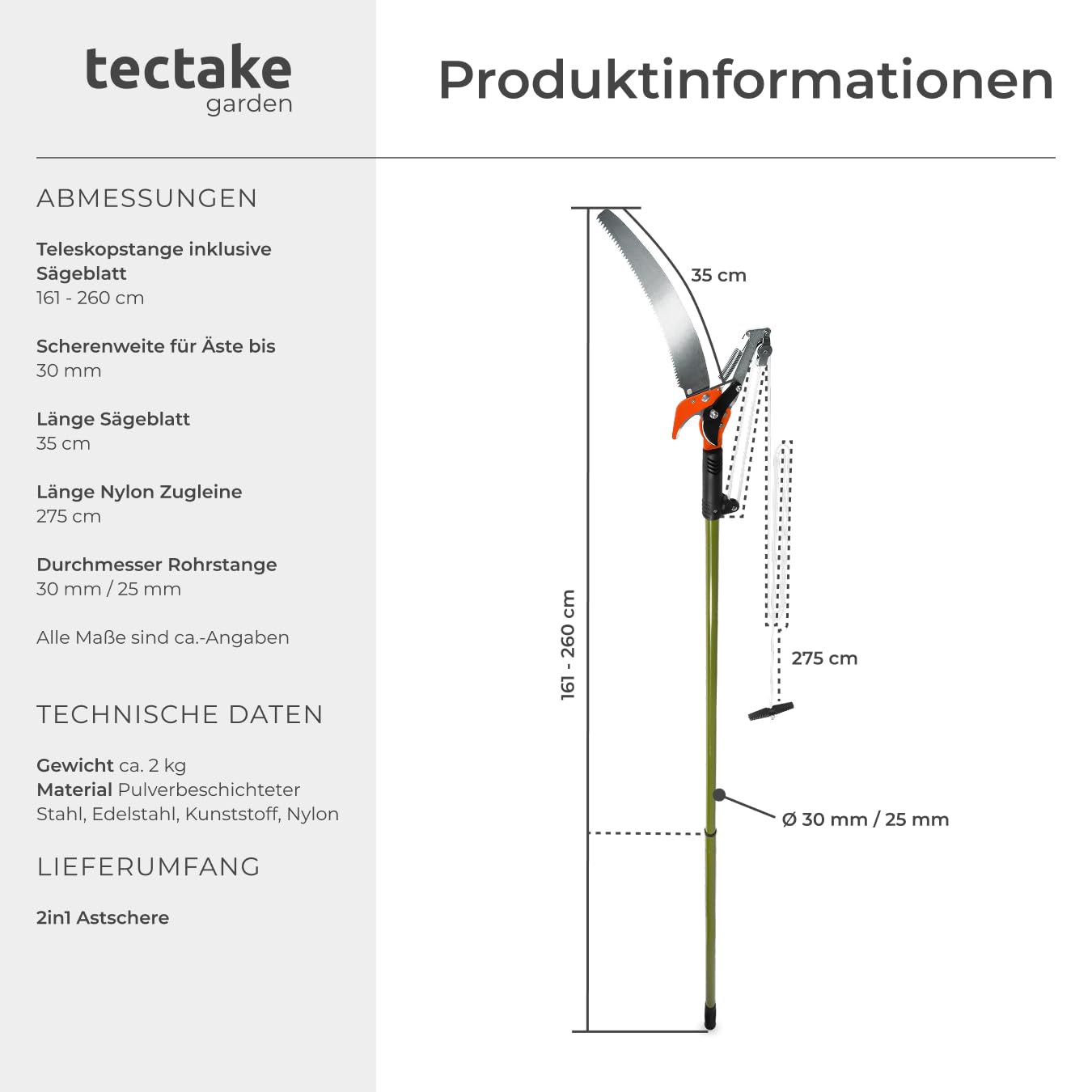 tectake® Astschere Teleskop mit Seilzug und Säge, Handsäge, max. Arbeitshöhe 4 Meter, Baumsäge, Baumschere Hochentaster, Gartenwerkzeug mit Teleskopstange mit Sägeblatt 161-258 cm ausziehbar