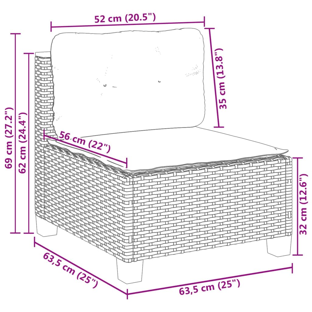Sofá de jardín sin reposabrazos con cojines de ratán sintético negro, muebles de jardín con fundas extraíbles, cómodo juego de salón para terraza y balcón, diseño modular,