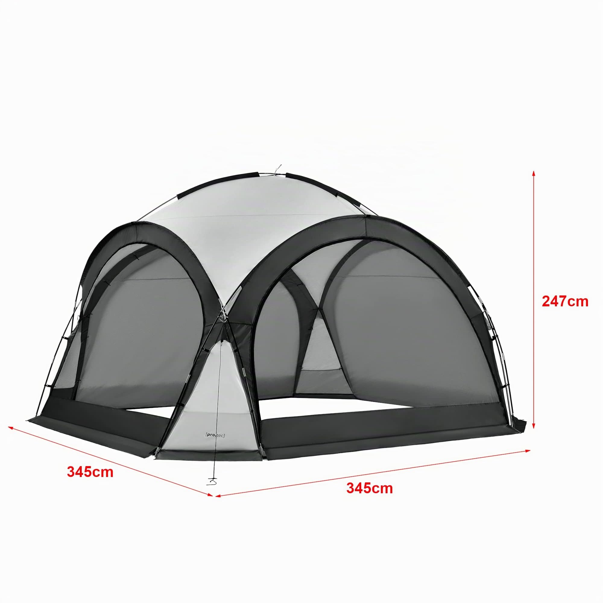 Tonnelle de Camping à Éclairage Guirlande Lumineuse 96 LED Tente Imperméable Moustiquaires Pavillon Jardin Panneaux Latéraux Amovibles Polyester 345 x 345 x 247 cm Gris Foncé Gris Clair