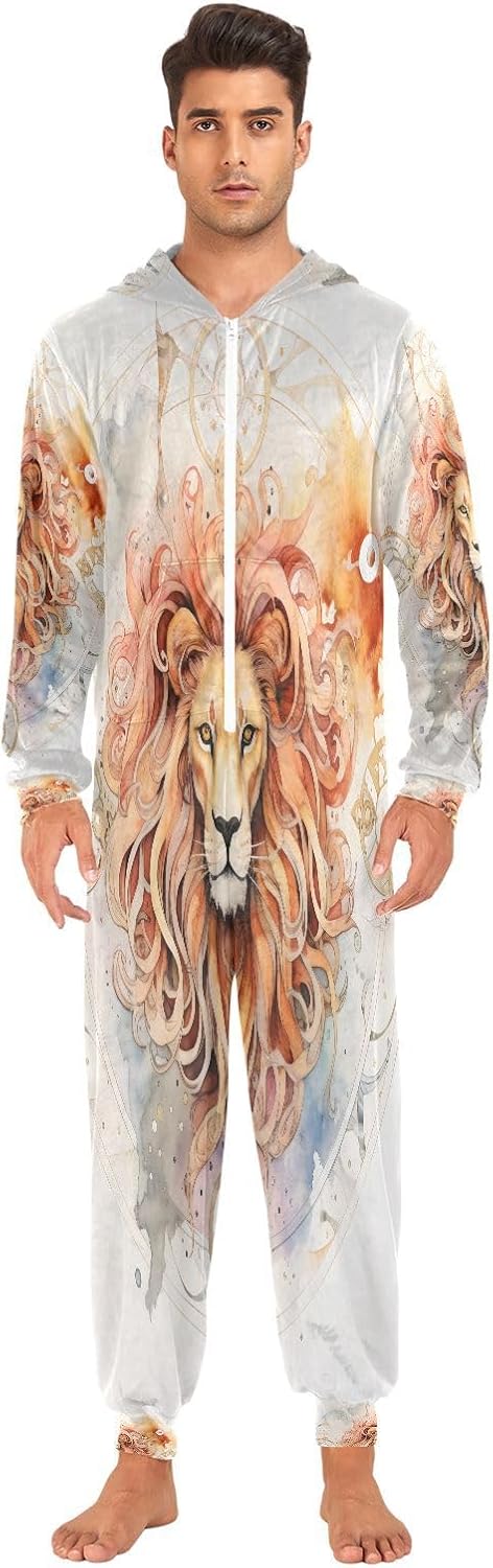 ALAZA King Of Lion Adult Onesie Pajamas Set for Men Women Hooded Costume One-Piece Sleepwear Jumpsuit