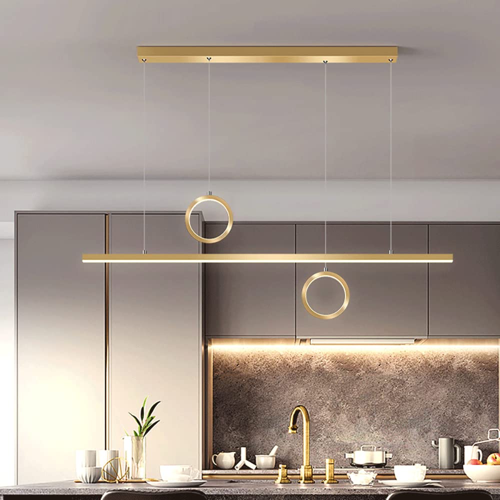 Lámpara colgante de metal lineal creativa con kit de iluminación decorativa de anillo, lámparas colgantes largas de comedor LED modernas de 39 W, lámpara de suspensión de tira de isla de cocina minima